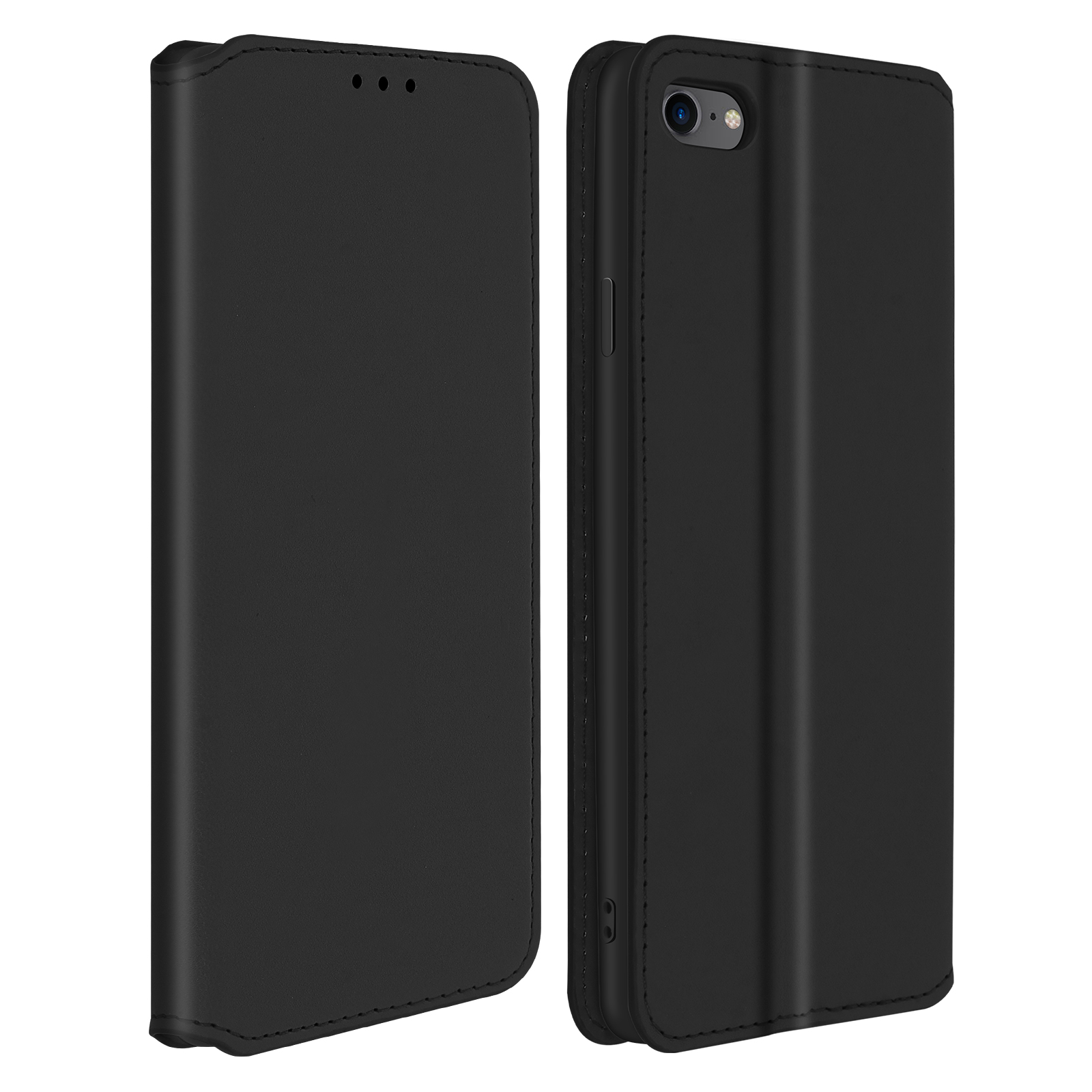 Étui de téléphone noir avec côtés ouverts et fermés, texture lisse.