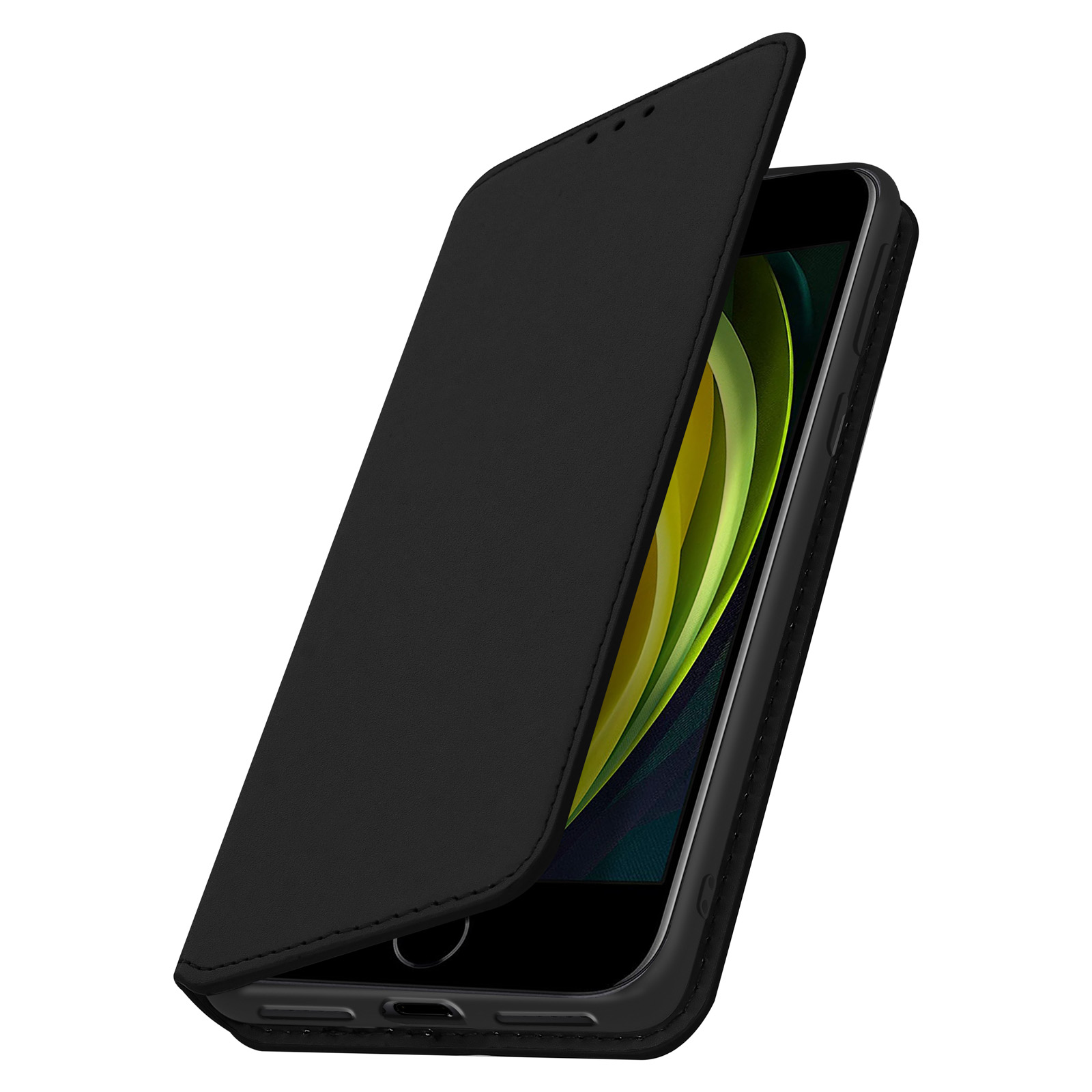 Étui de téléphone noir, ouvert pour révéler un téléphone avec un fond vert et jaune.