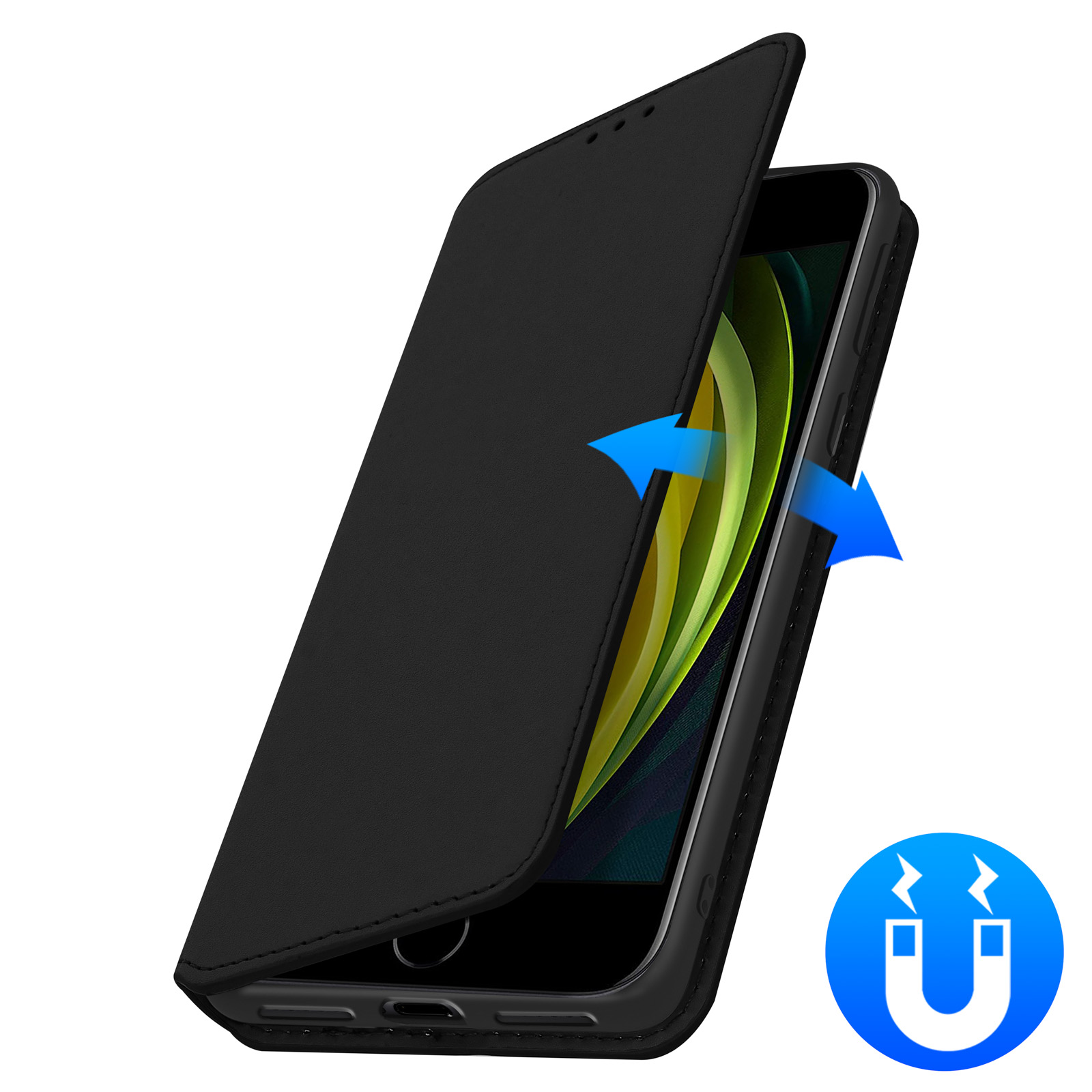 Une coque de téléphone noire avec un couvercle partiellement ouvert, montrant le téléphone à l'intérieur.