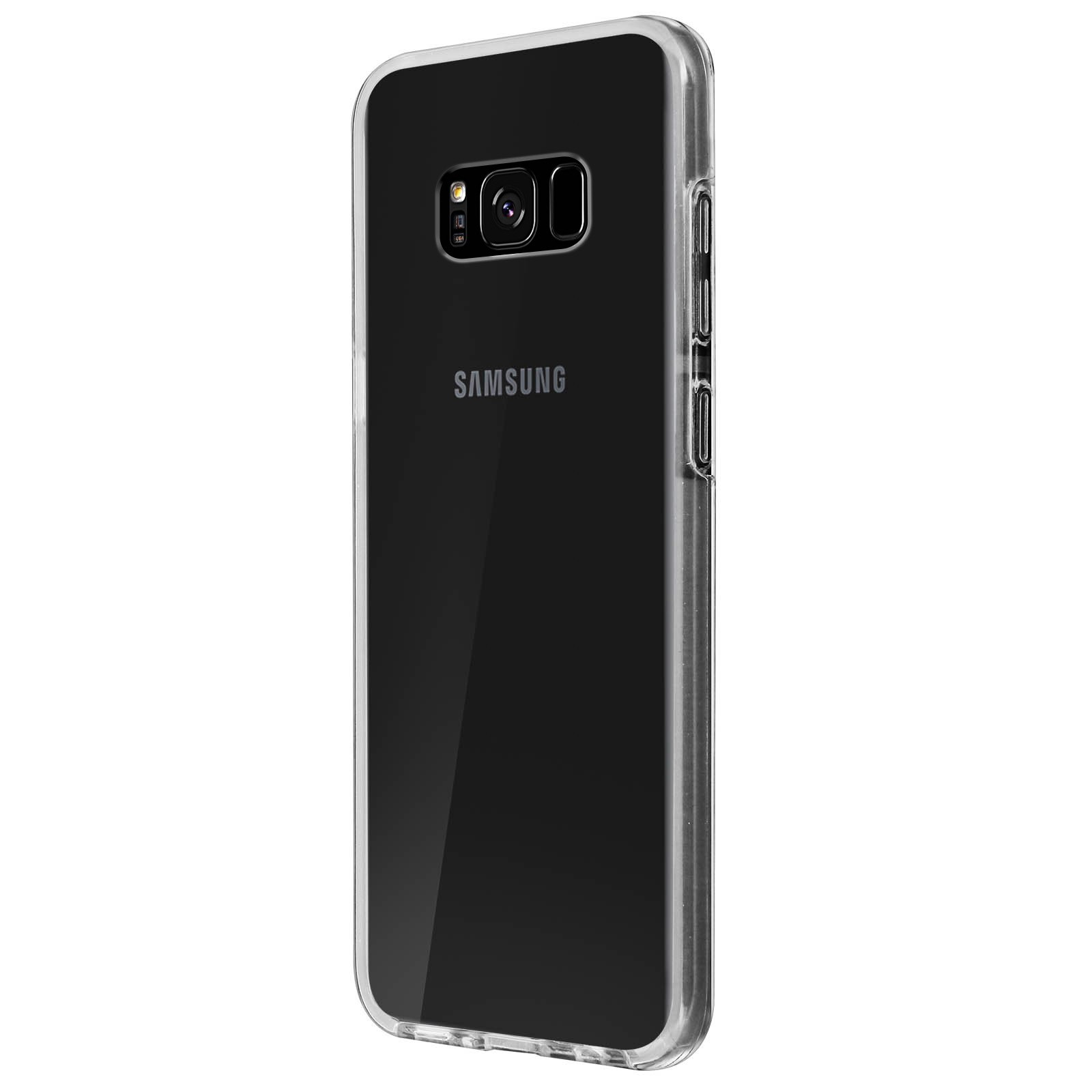 Una custodia trasparente per telefono su un telefono nero, con il logo Samsung visibile.