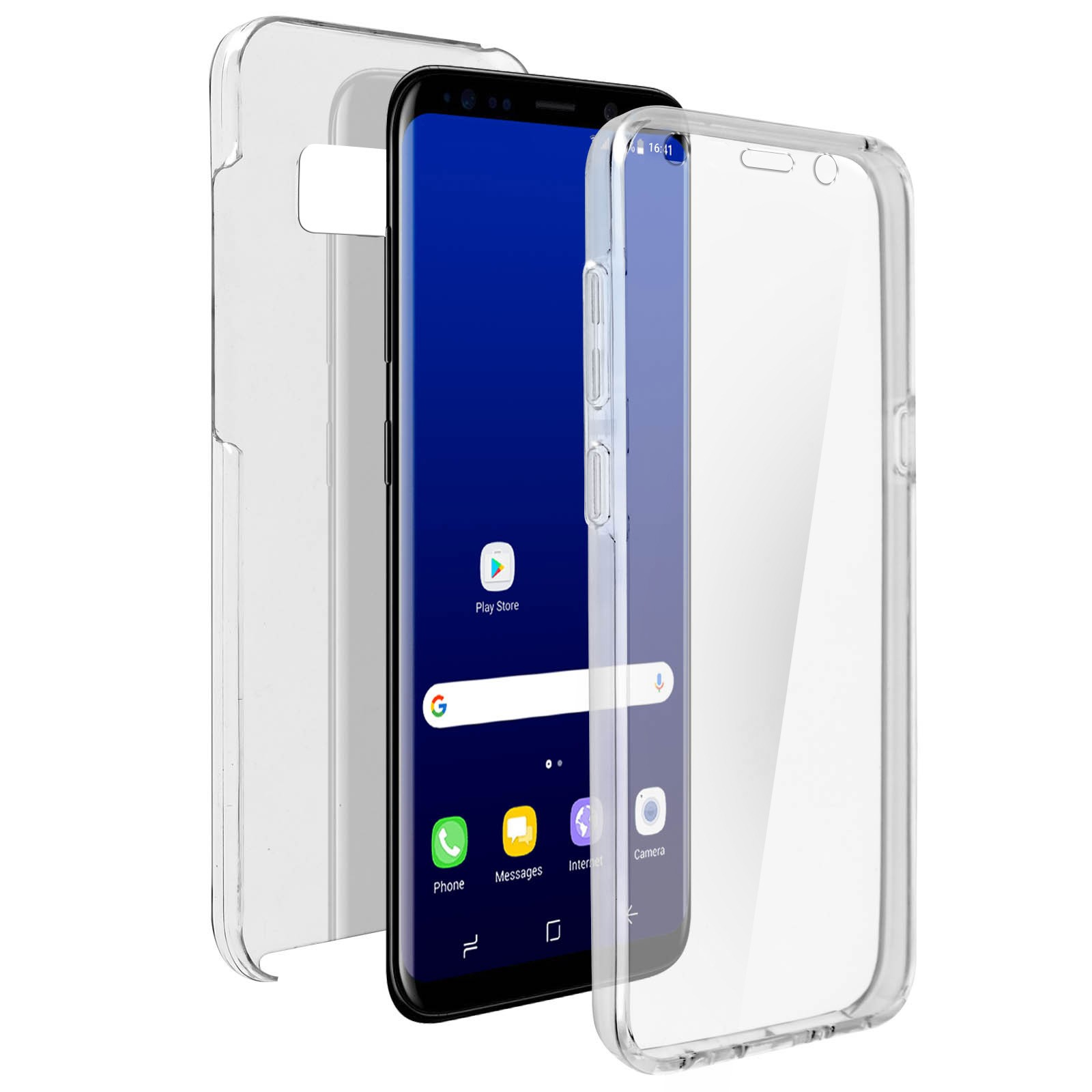 Custodia trasparente per telefono sul telefono. Uno schermo del telefono con il Play Store sopra.