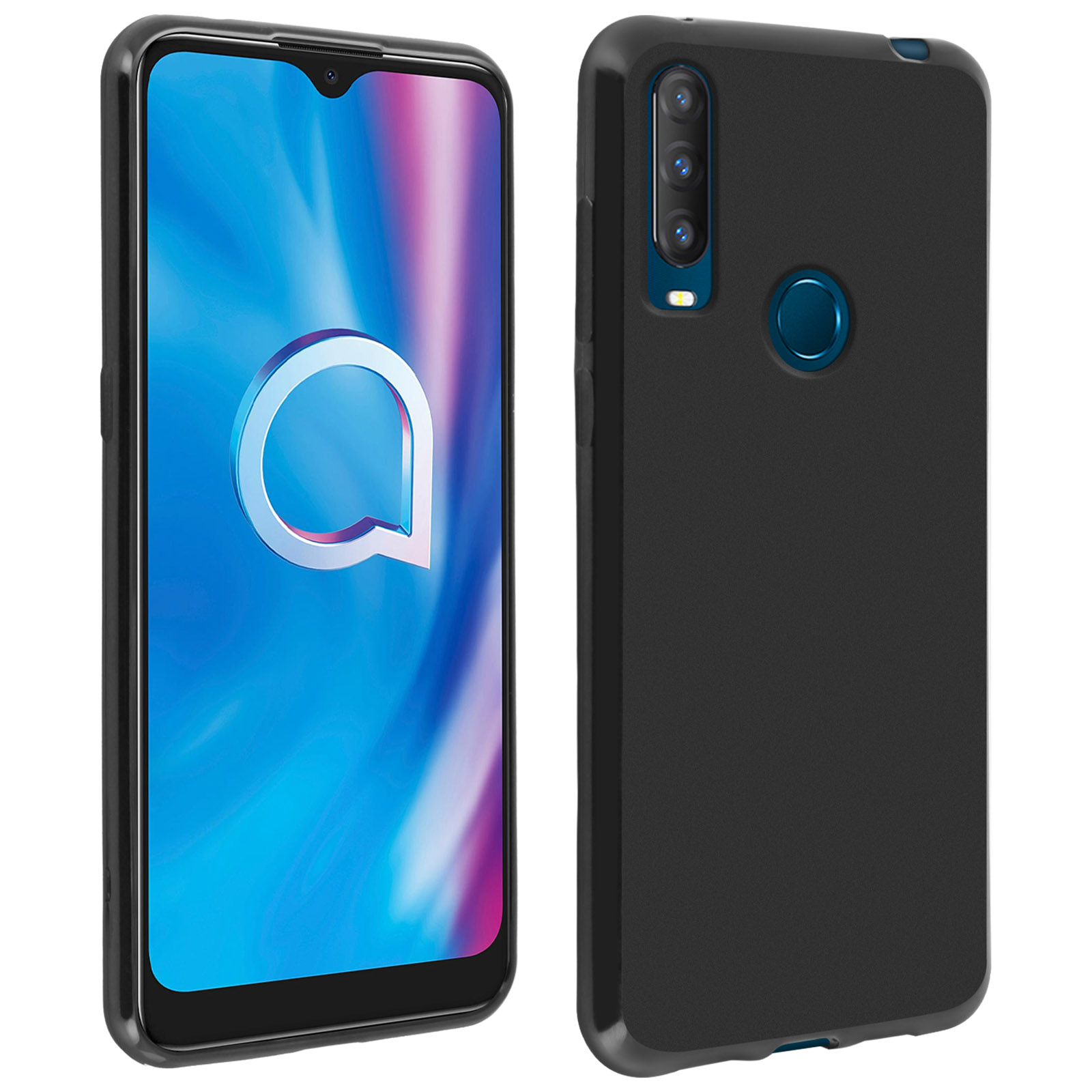 Coque de téléphone noire avec configuration de caméra et logo, affichant l'écran du téléphone.
