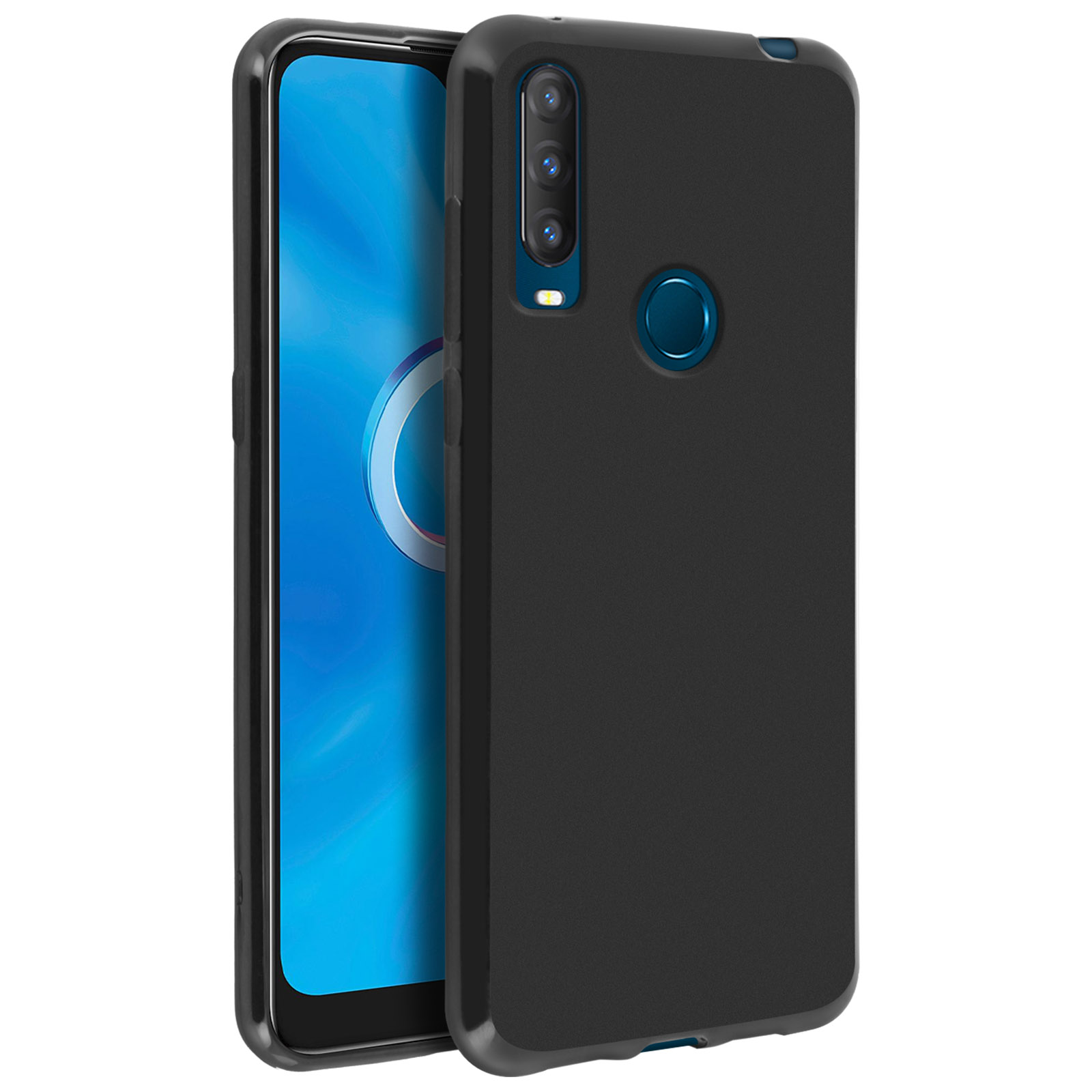 Un étui de téléphone noir avec un téléphone bleu partiellement visible. Il a une caméra à l'arrière.