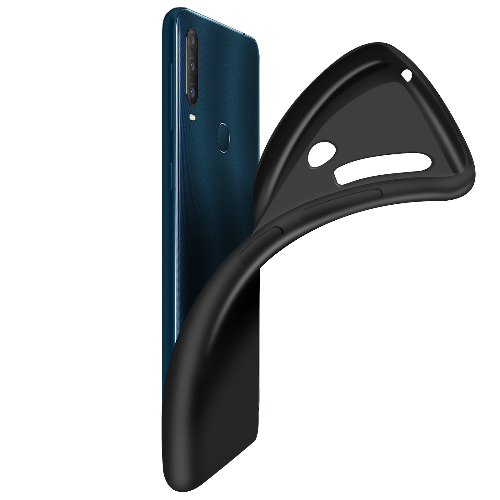 Une coque de téléphone noire étirée, révélant un téléphone bleu.