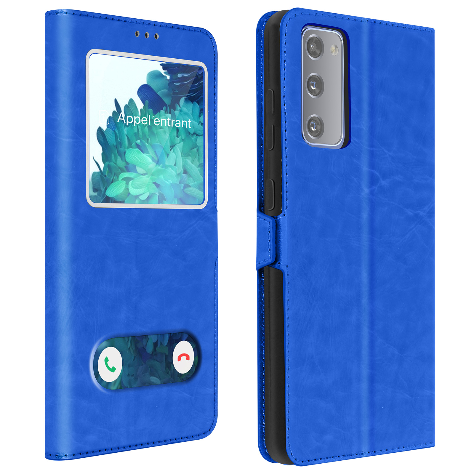 Un étui de téléphone bleu avec une fenêtre affichant un écran d'appel entrant. L'étui est fermé.