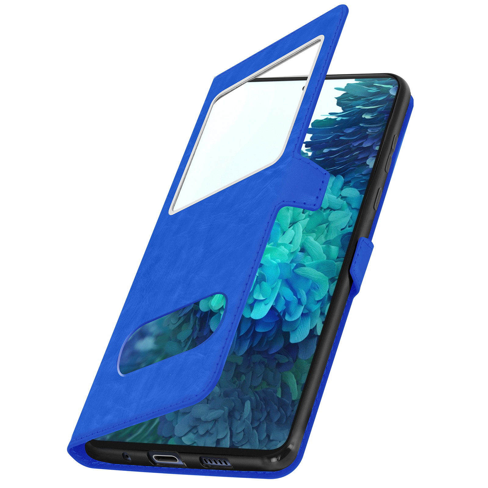 Coque de téléphone bleue avec une fenêtre. L'écran du téléphone est visible à travers le couvercle.