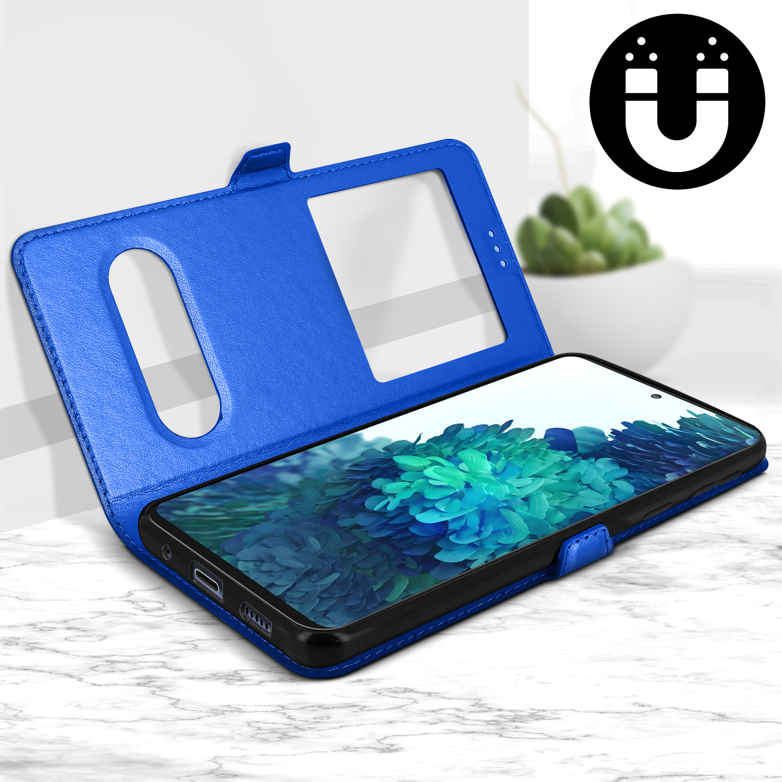 Coque de téléphone bleue avec téléphone et fond blanc.