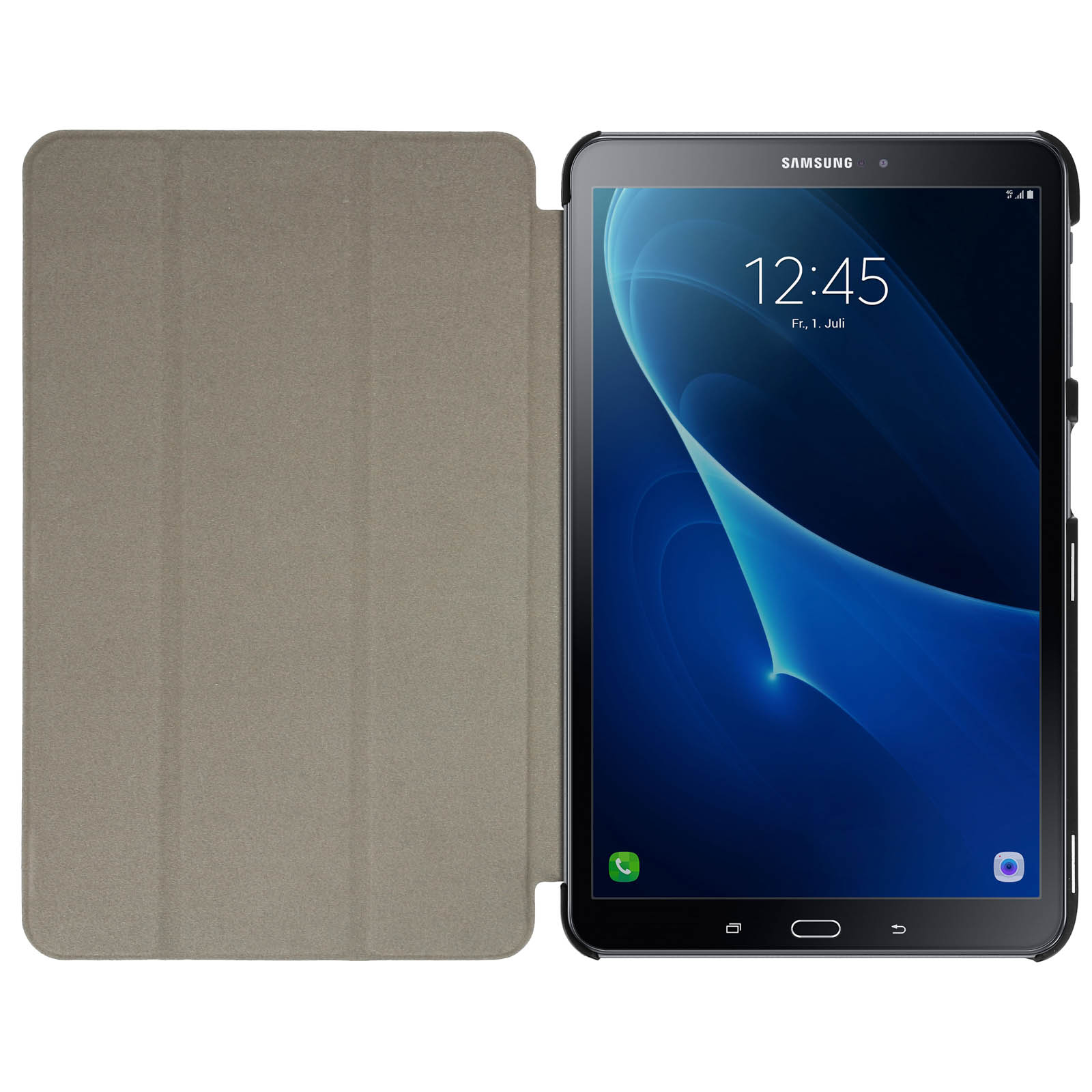 Un tablet nero in una custodia beige, aperto, che mostra lo schermo.