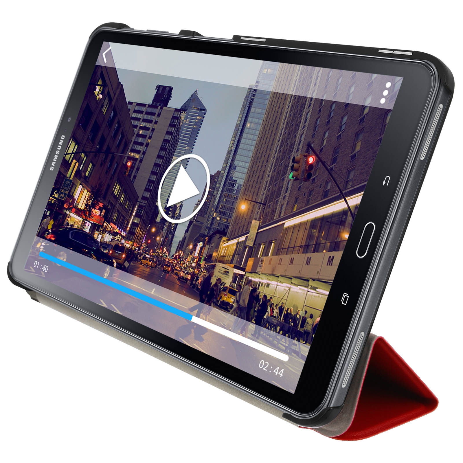 Un tablet mostra un video che riproduce una scena di strada cittadina, in un supporto rosso.
