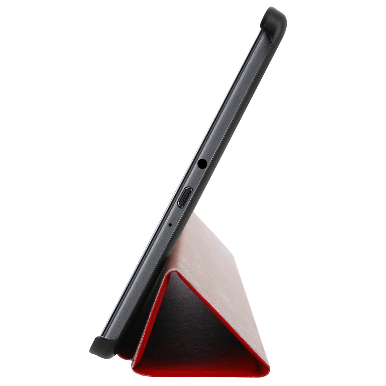 Un tablet in una custodia nera è appoggiato su un supporto. Il supporto è rosso e nero.