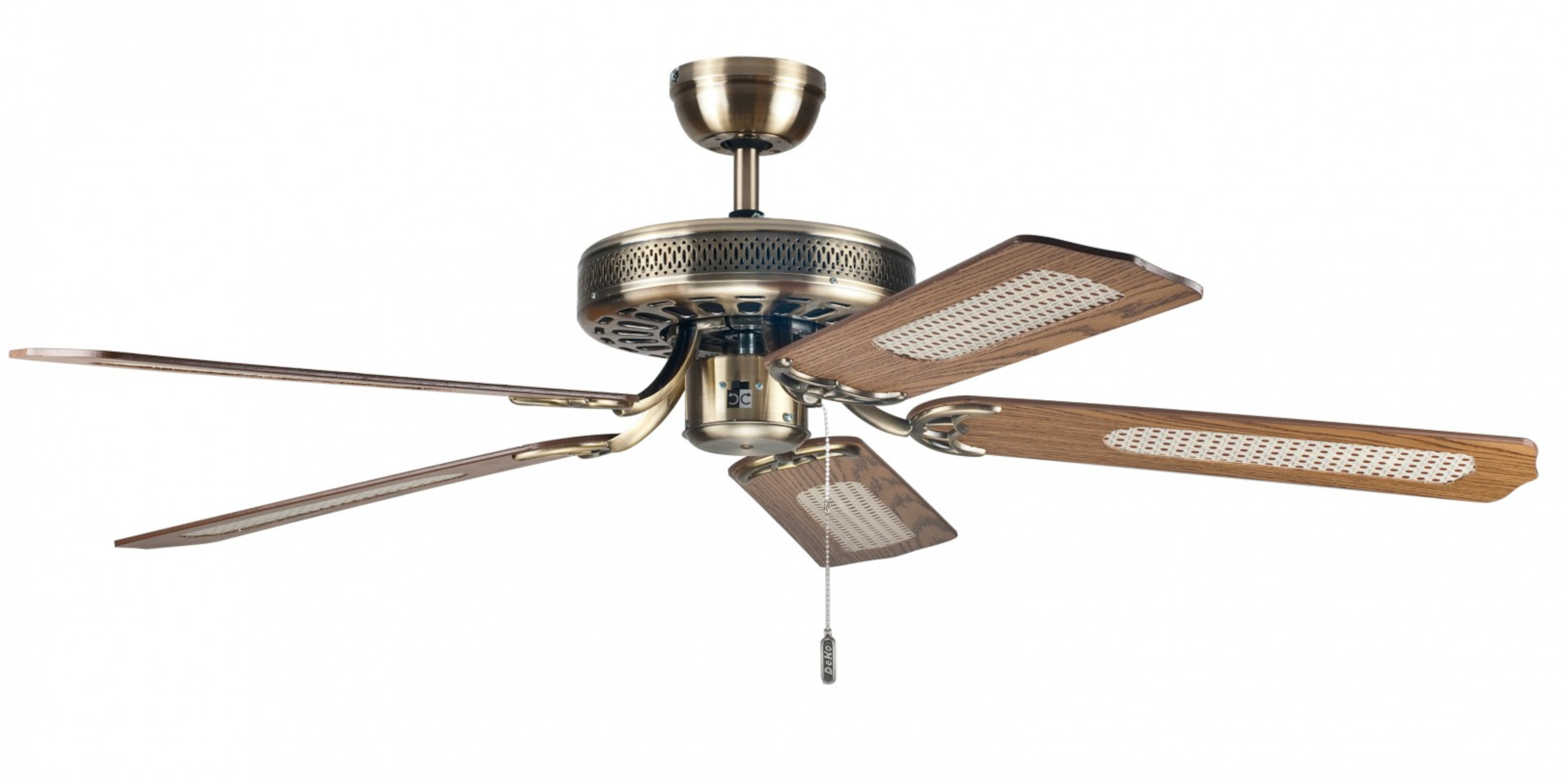 Deckenventilator mit fünf Holzflügeln, goldenen Akzenten und einem dekorativen Zentrum.