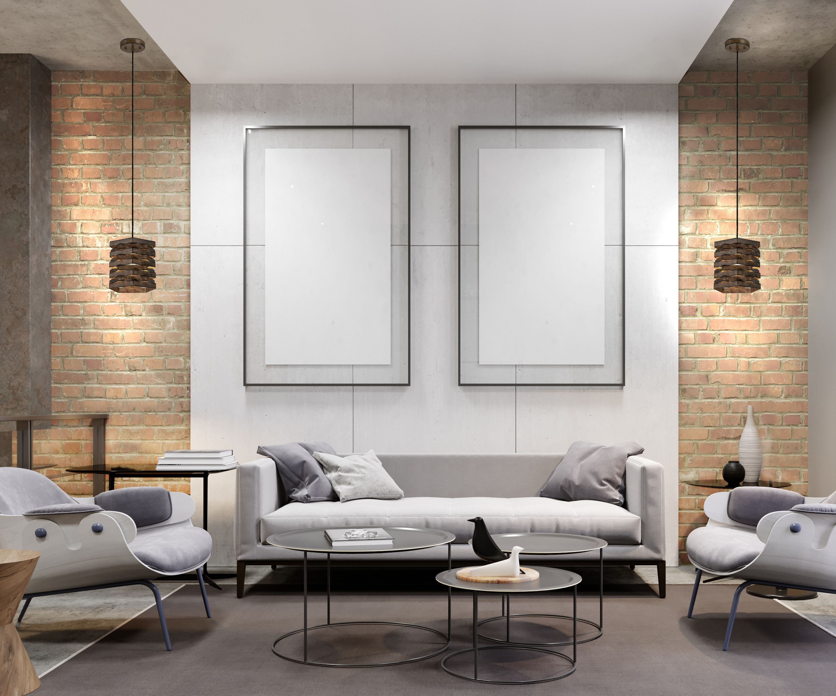 Wohnzimmerinterieur mit zwei gerahmten Bildern, zwei Sesseln und einem Sofa.