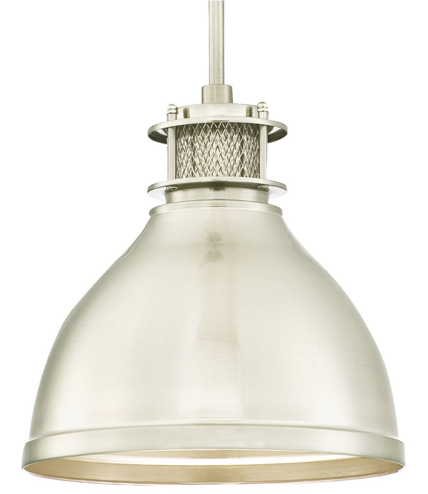 Zilveren hanglamp met klokvormige kap, hangend aan een wit plafond.
