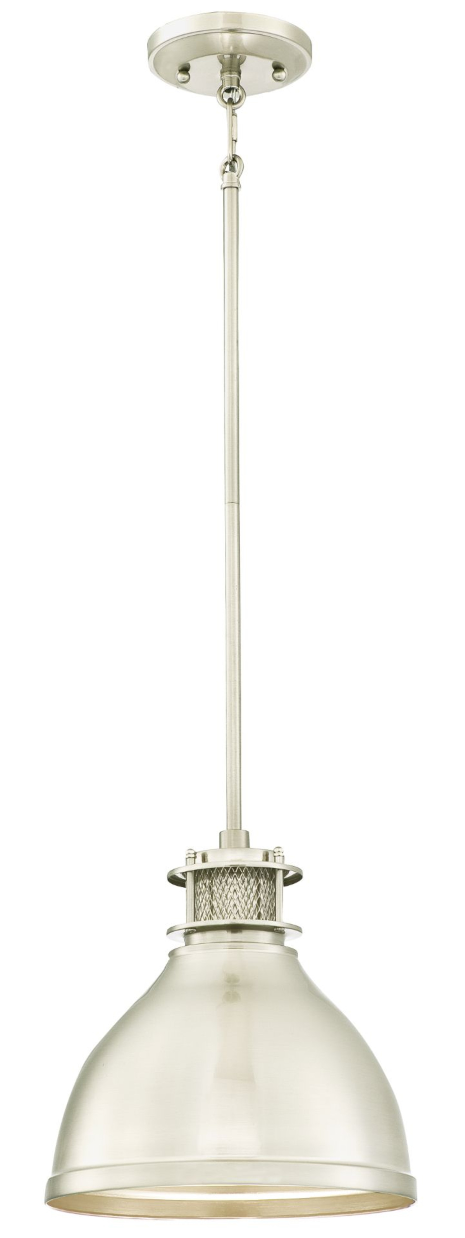 Een zilveren hanglamp die aan het plafond hangt, met een eenvoudig, industrieel ontwerp.