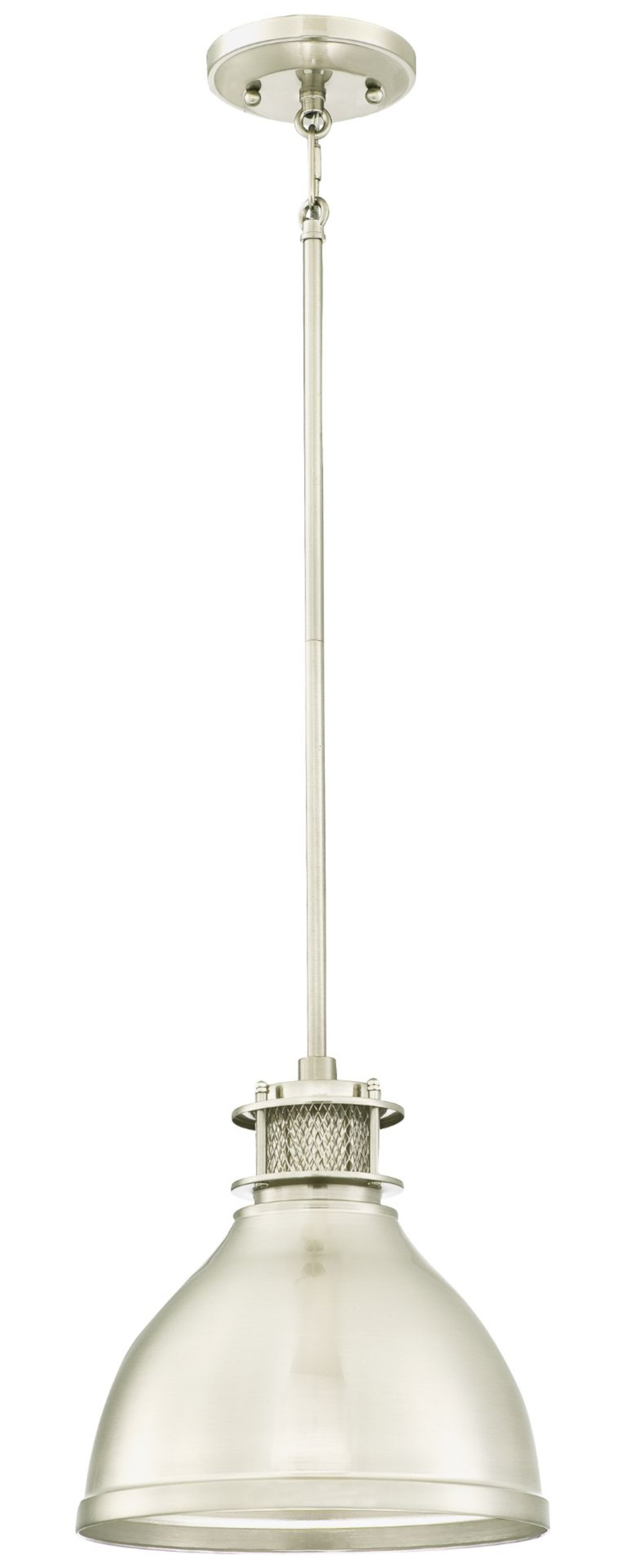 Een hanglamp van geborsteld metaal hangt aan een wit plafond. De lamp heeft een conische kap.