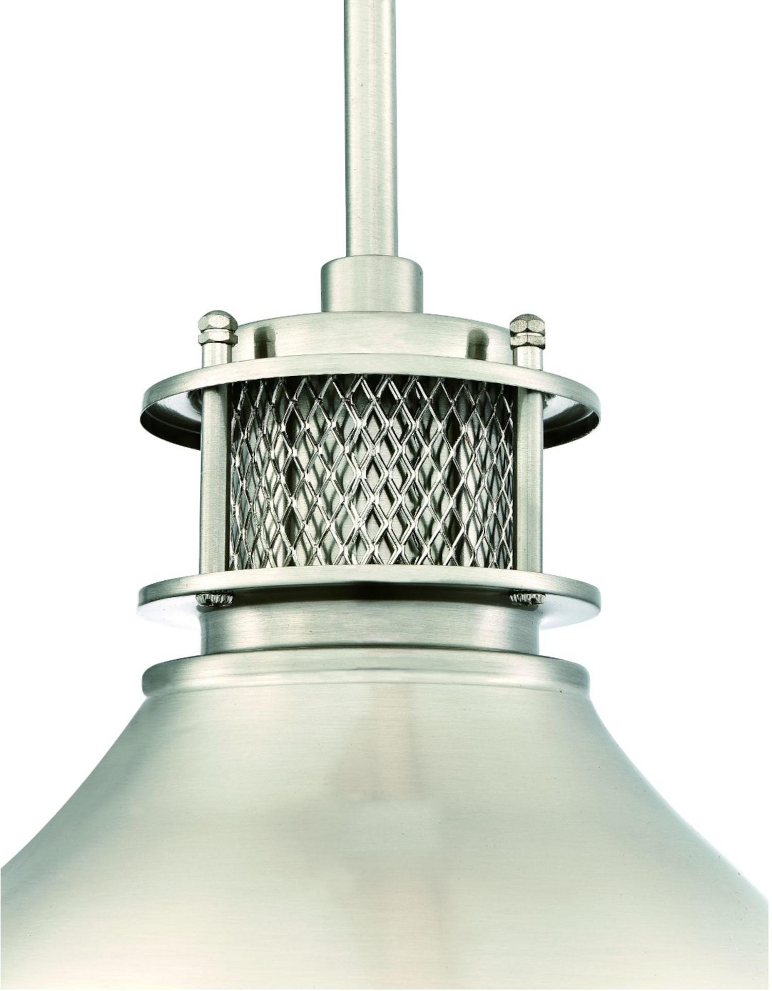 Zilveren hanglamp met een metalen gaasscherm en een cilindrische vorm.