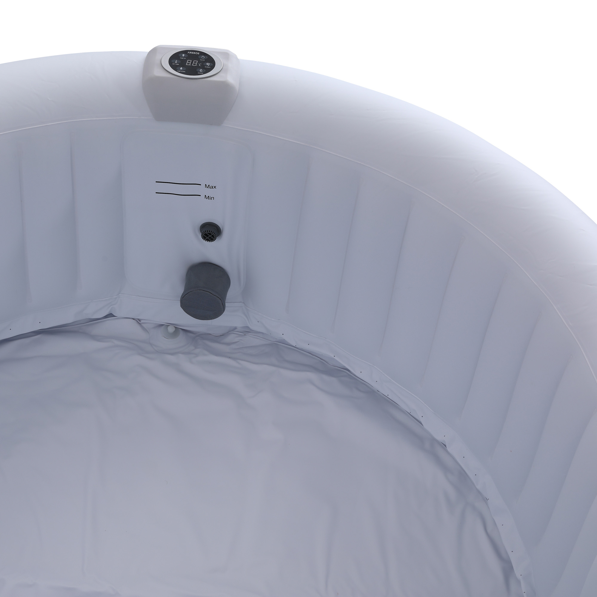 Weißes Whirlpool-Interieur mit Bedienfeld. Grau- und Weißtöne dominieren die Szene.