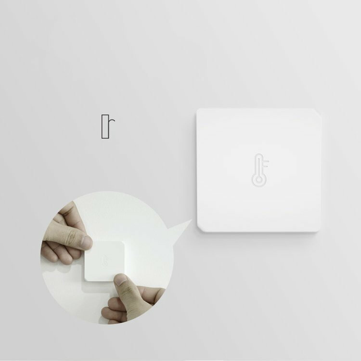 Hände, die ein weißes Quadrat an eine Wand platzieren, neben einem weißen Quadrat mit Thermometer-Symbol.