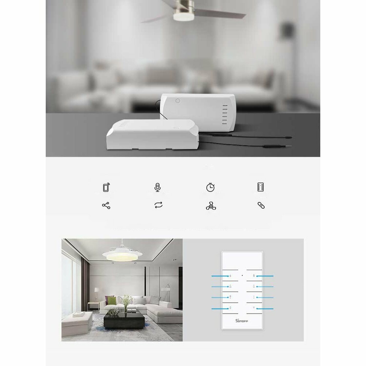 Urządzenia smart home i ikony. U góry: Dwa białe pudełka. Na dole: ikony i przełącznik.