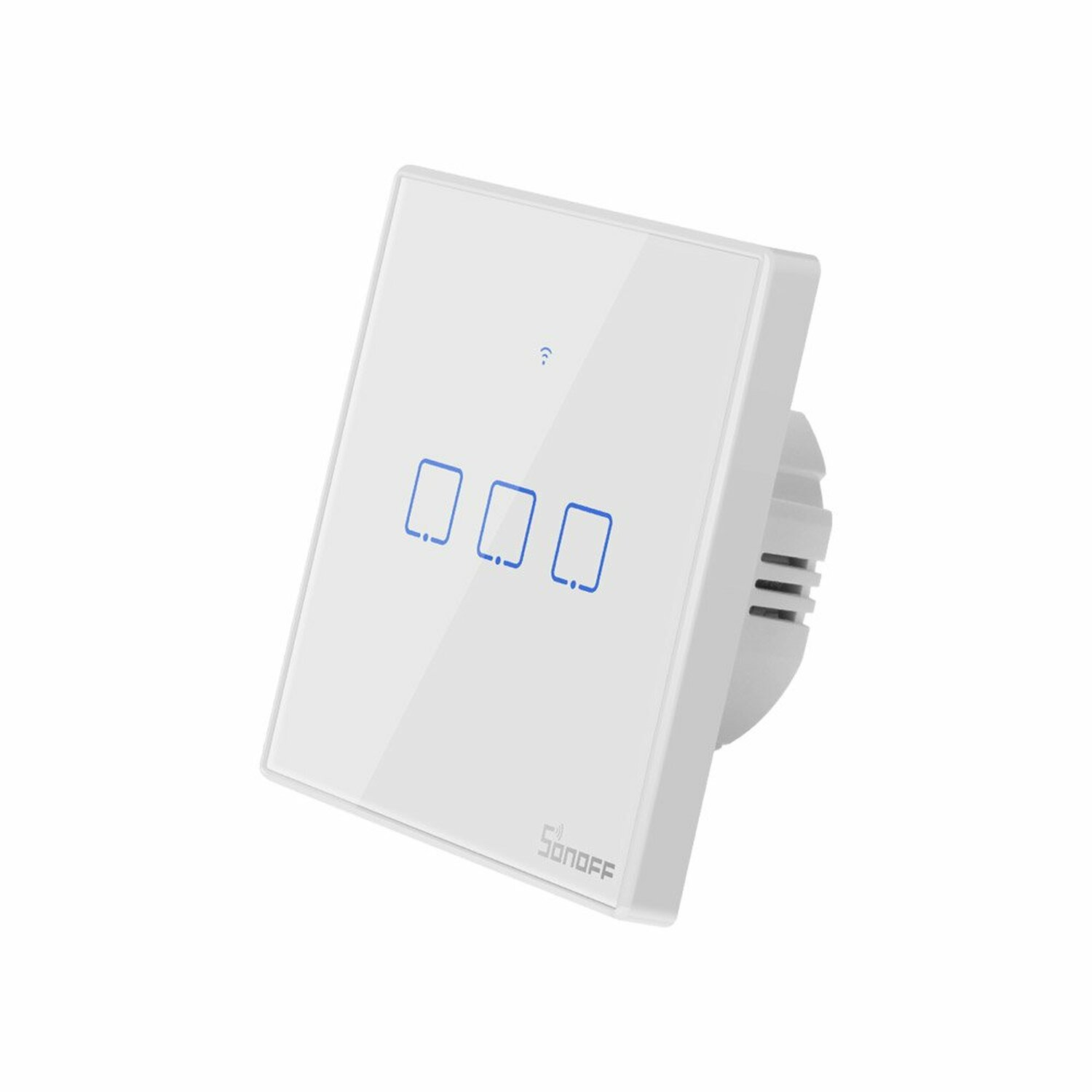 Weißer Smart-Schalter mit drei blauen Tasten. Quadratische Form. Angeschnittene Ansicht.