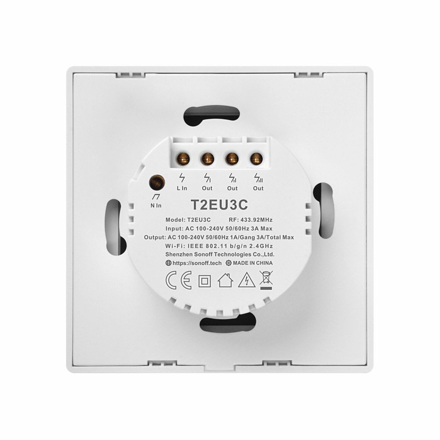 Weiße Smart-Switch-Rückseite mit Anschlüssen, Modellinformationen und Zertifizierungslogos.