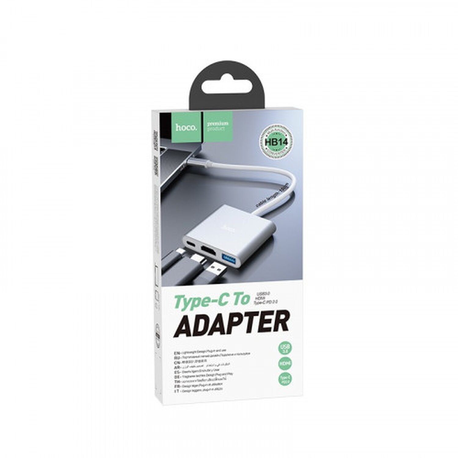 Weiß-graue Type-C-Adapterbox mit Text.