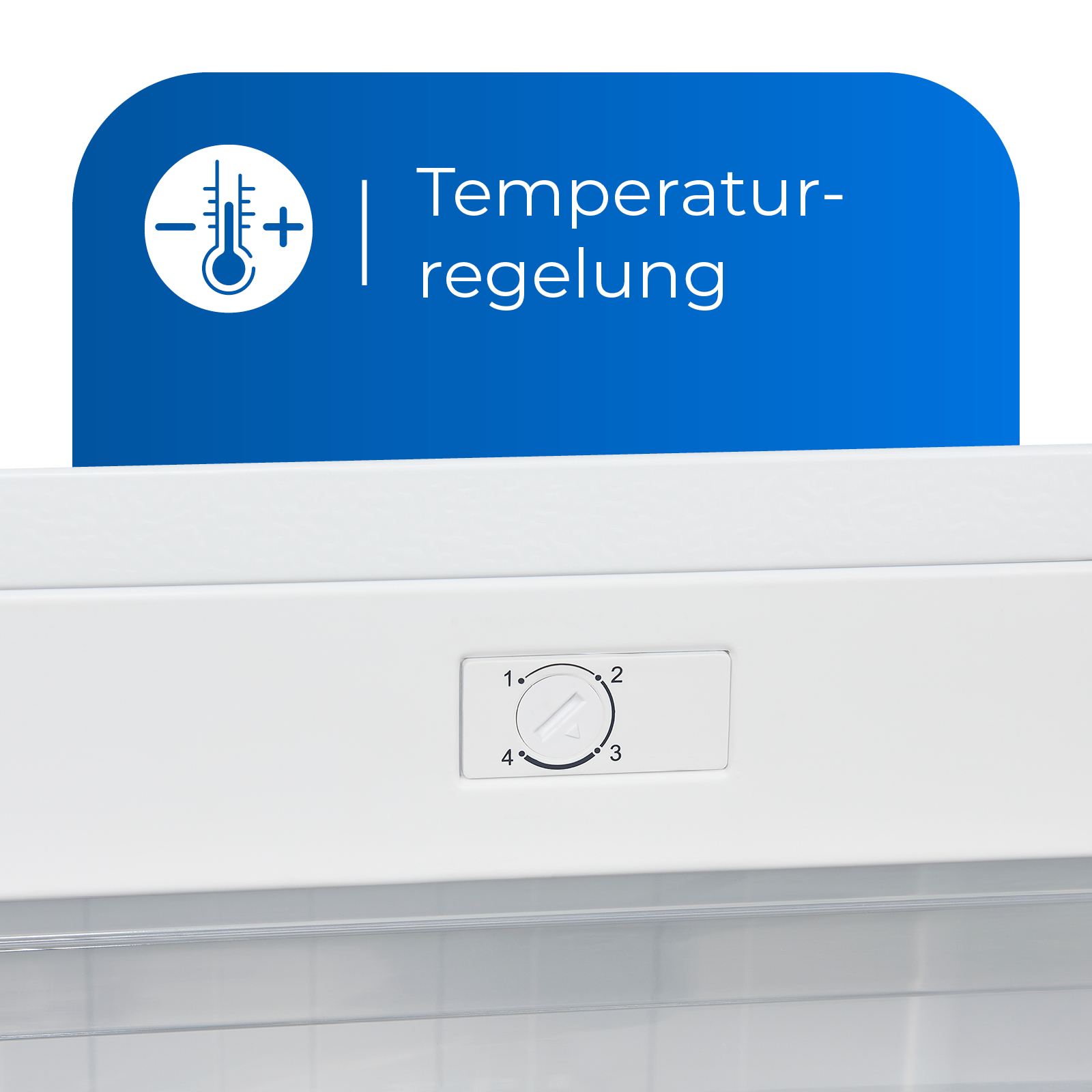Ein weißes Bedienfeld mit einem Drehregler und dem Text 'Temperaturregelung' (Temperaturregelung) darüber.
