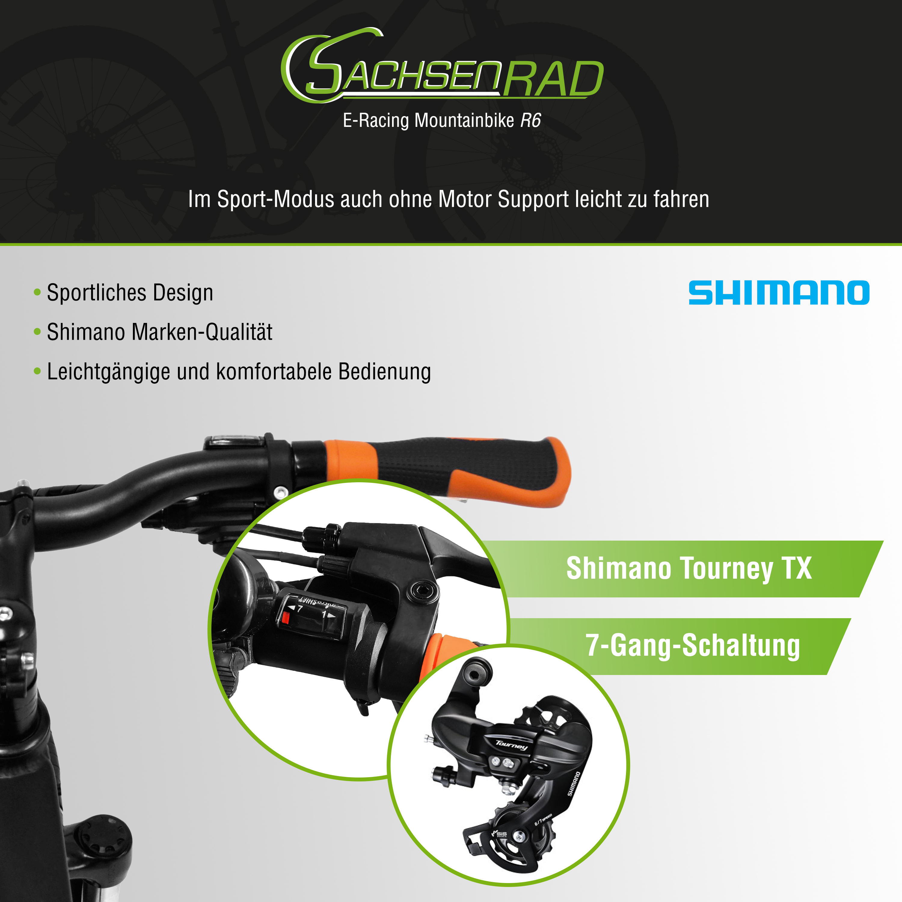 Ein Fahrrad mit orangefarbenen Details und einem Shimano Tourney TX 7-Gang-Schaltung Aufkleber.