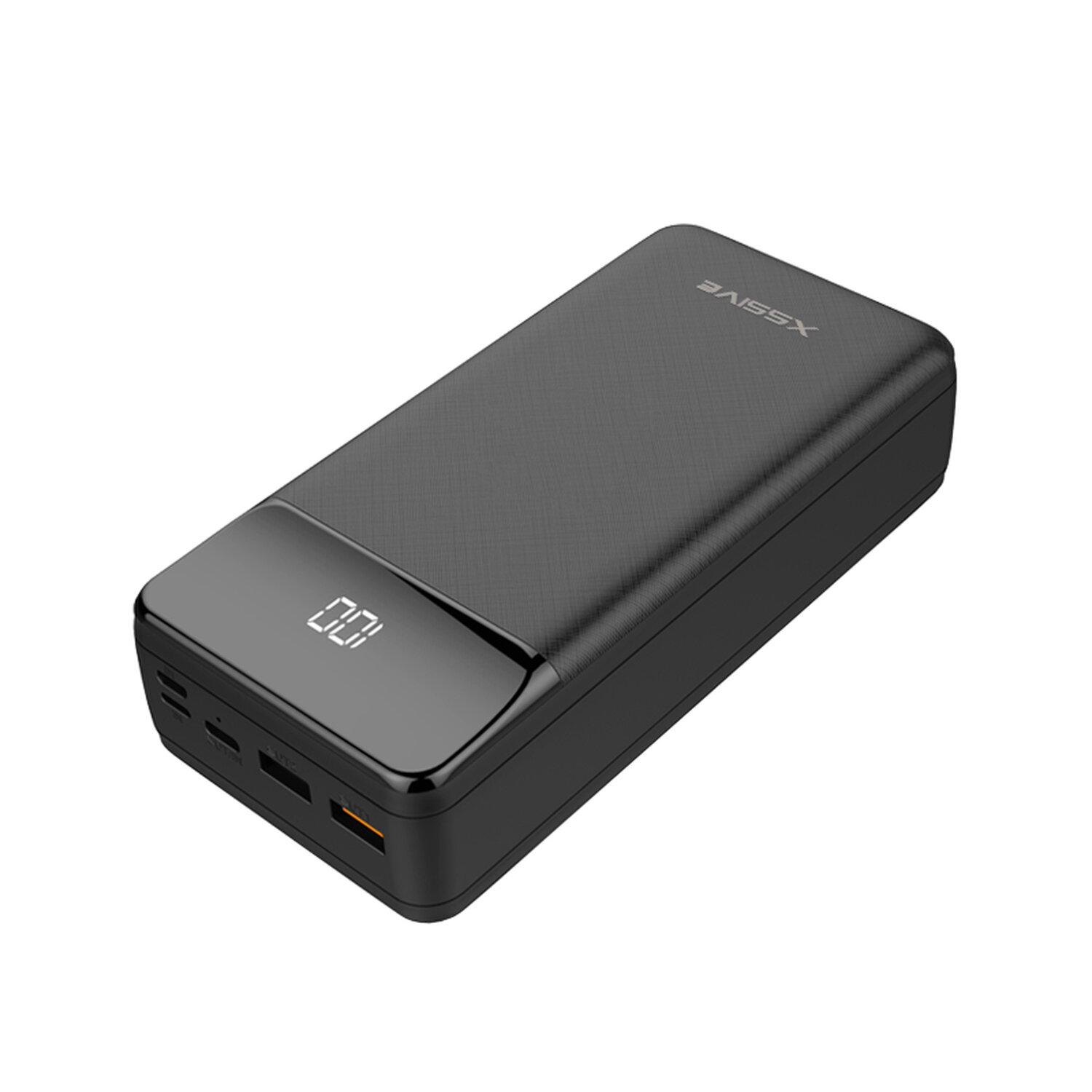 Schwarze Powerbank mit digitaler Anzeige, die 100 % Ladung anzeigt, mit dem Markennamen 'XESSIVE' oben.