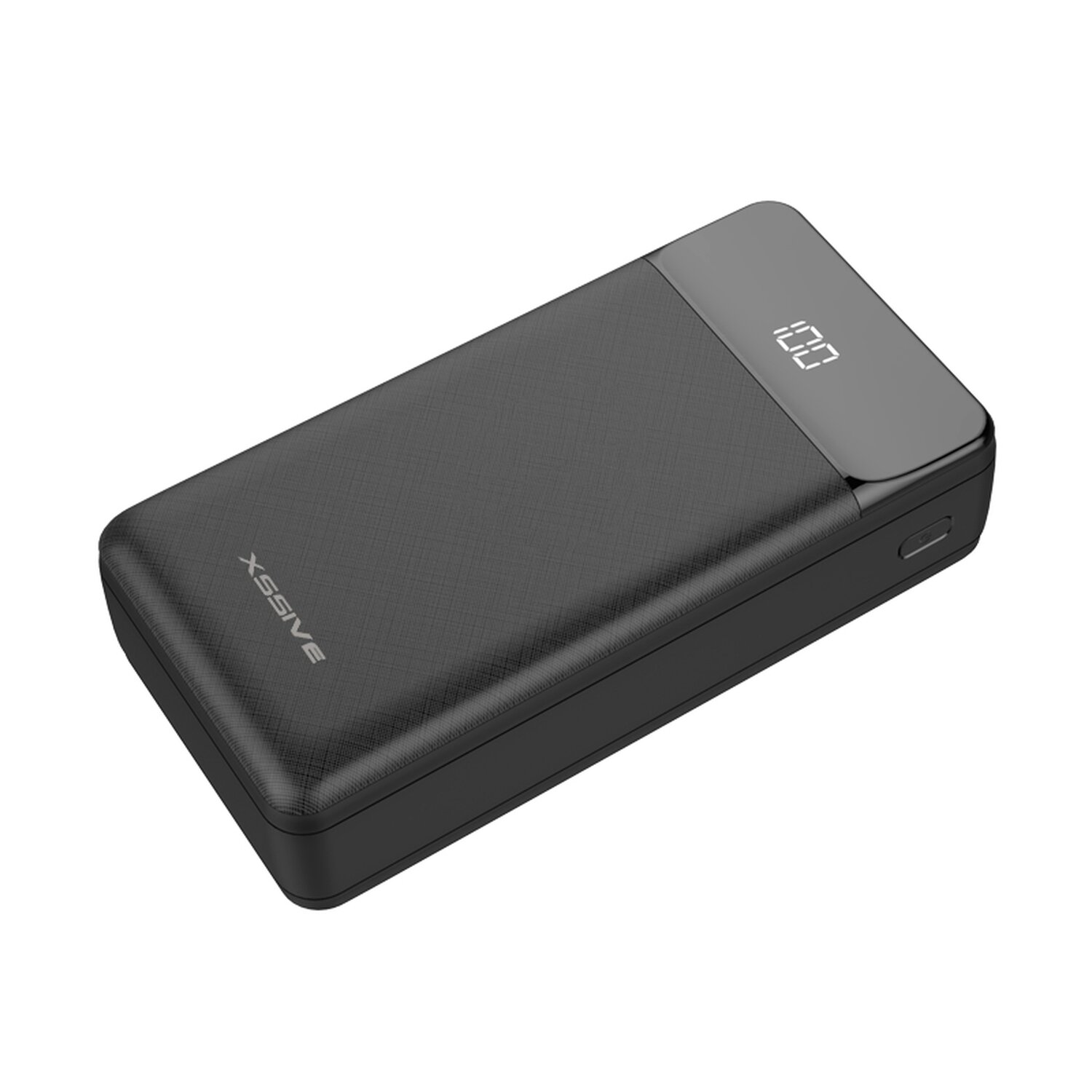Eine schwarze Powerbank mit digitaler Anzeige, die 100 anzeigt. Die Powerbank ist nach rechts abgewinkelt.