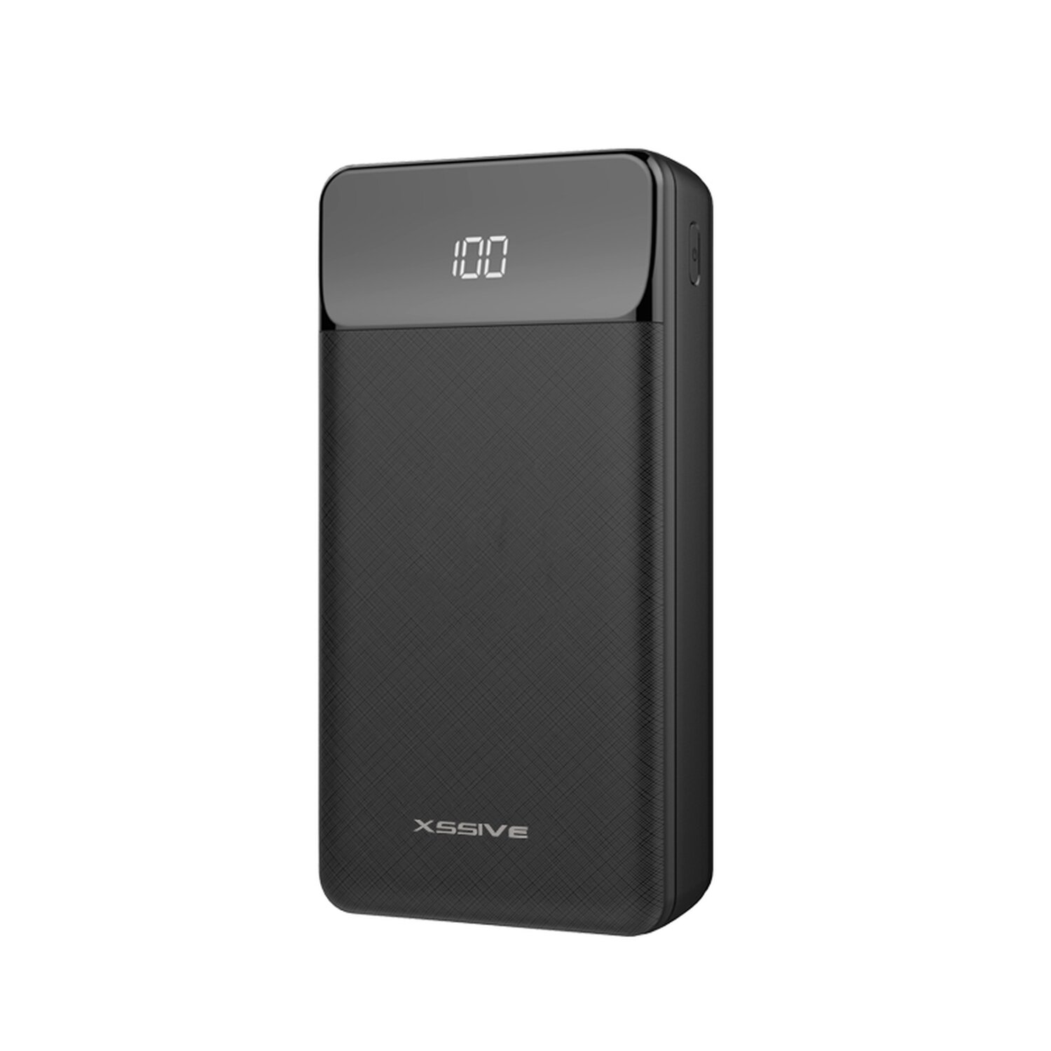 Eine schwarze Powerbank mit digitaler Anzeige, die 100 anzeigt. Der Markenname ist sichtbar.