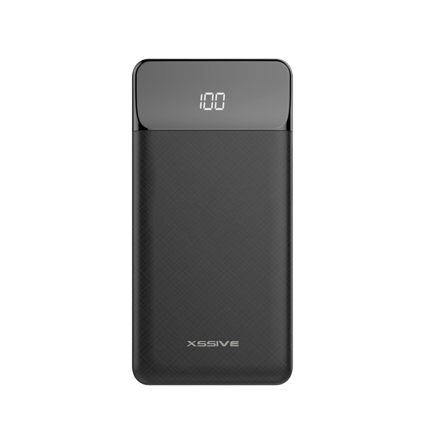Eine schwarze Powerbank mit Anzeige 100. Der Markenname XSSIVE ist unten sichtbar.