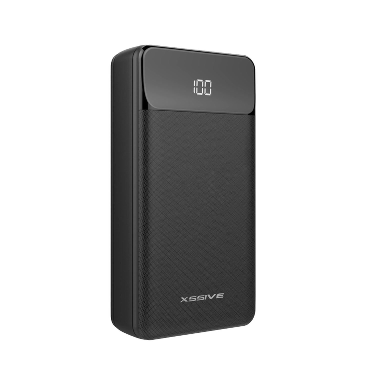 Schwarze Powerbank mit digitaler Anzeige, die 100 anzeigt. Schwarze Oberfläche.
