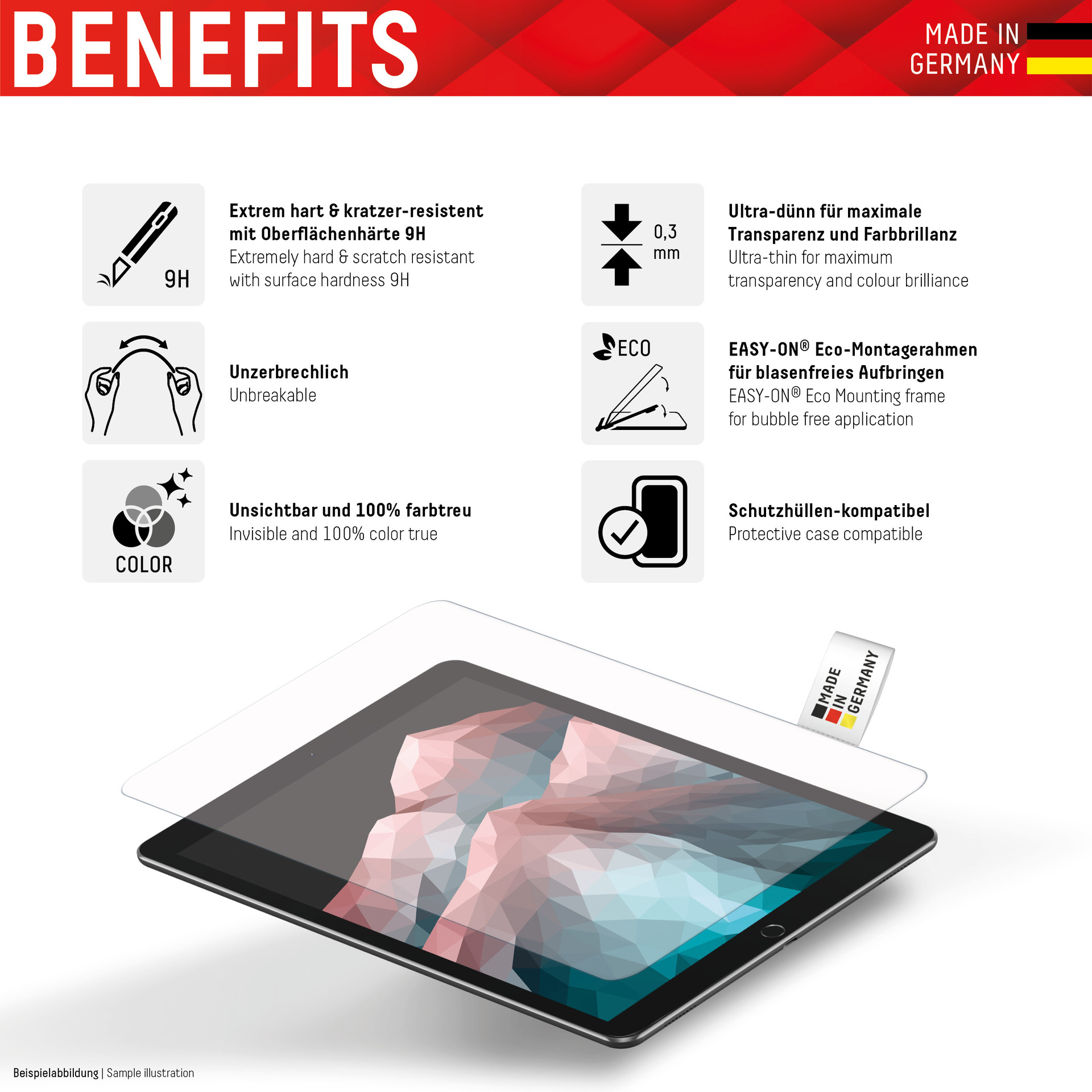 Un tablet con protezione schermo, con testo e icone che indicano le sue caratteristiche.