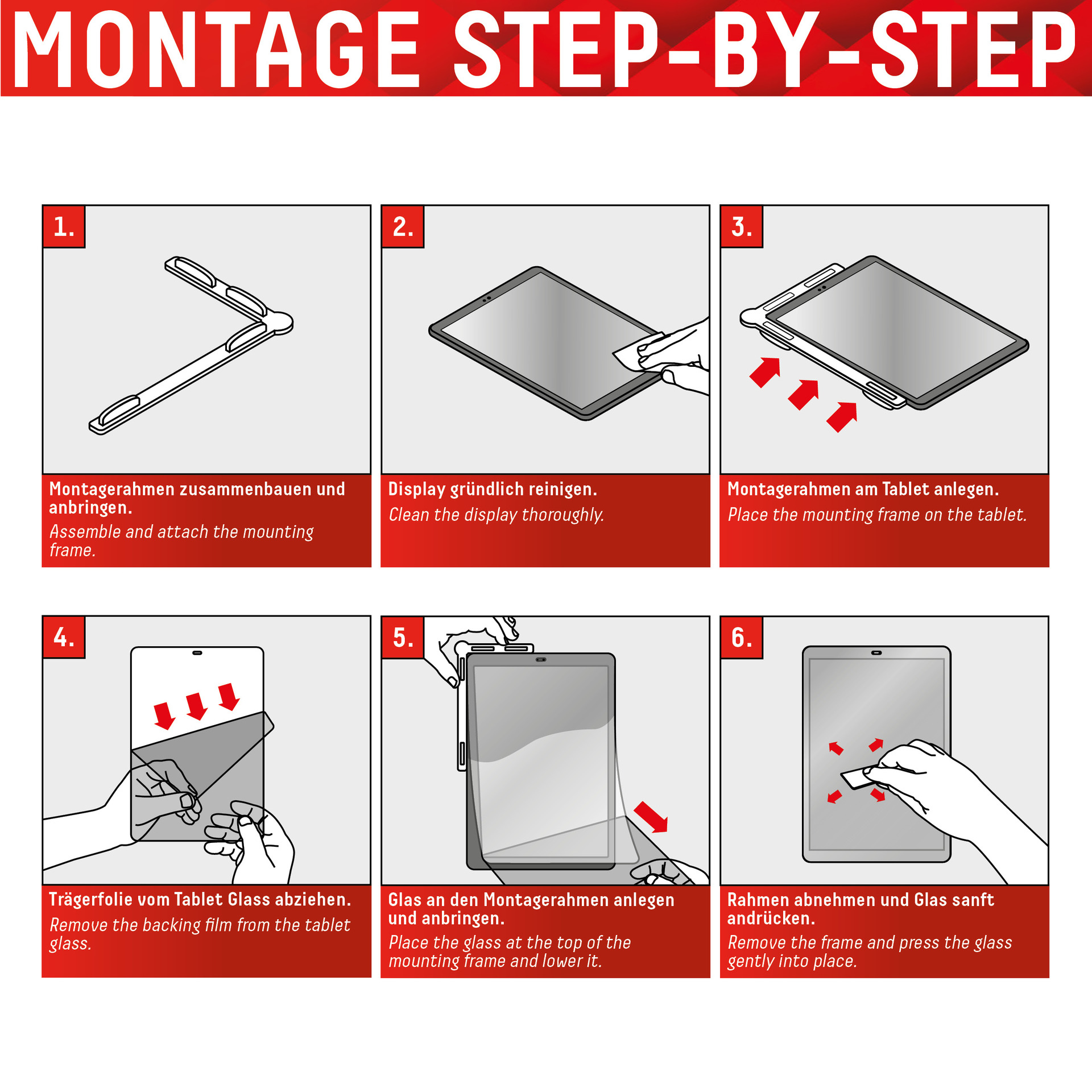 Istruzioni passo passo per installare una protezione schermo su un tablet con diagrammi.