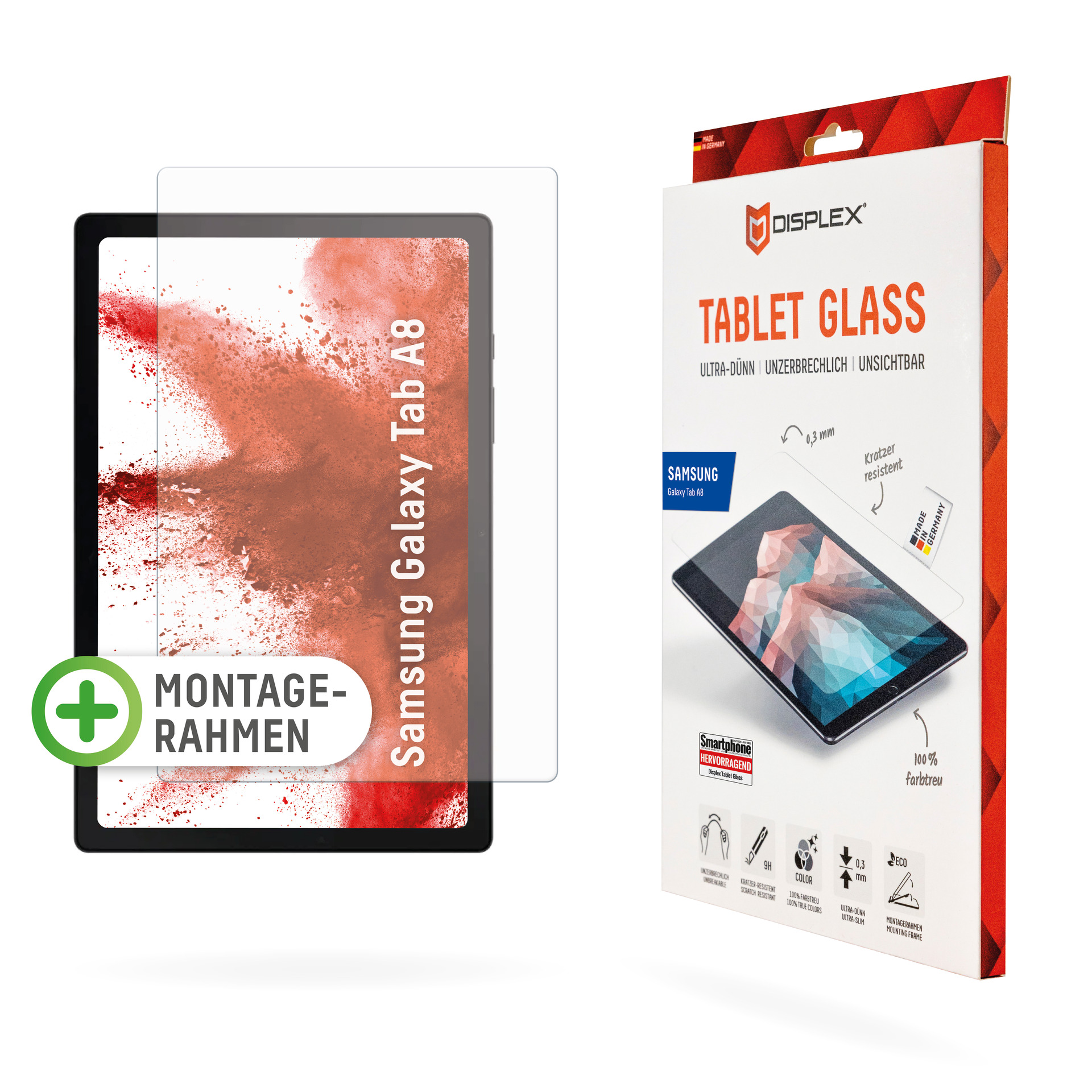 Pellicola protettiva per tablet e confezione. Il tablet è a sinistra, la confezione a destra.