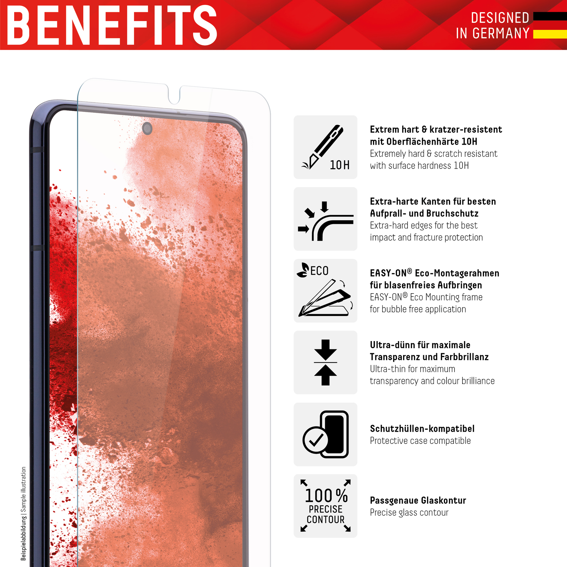 Telefono con protezione schermo e testo. Le icone delle caratteristiche del protettore sono a destra.