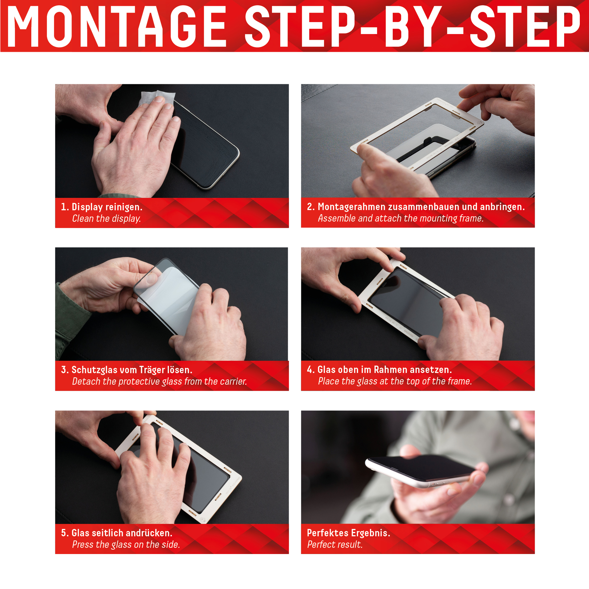 Guida passo passo: pulizia del display, assemblaggio del telaio e applicazione del vetro.