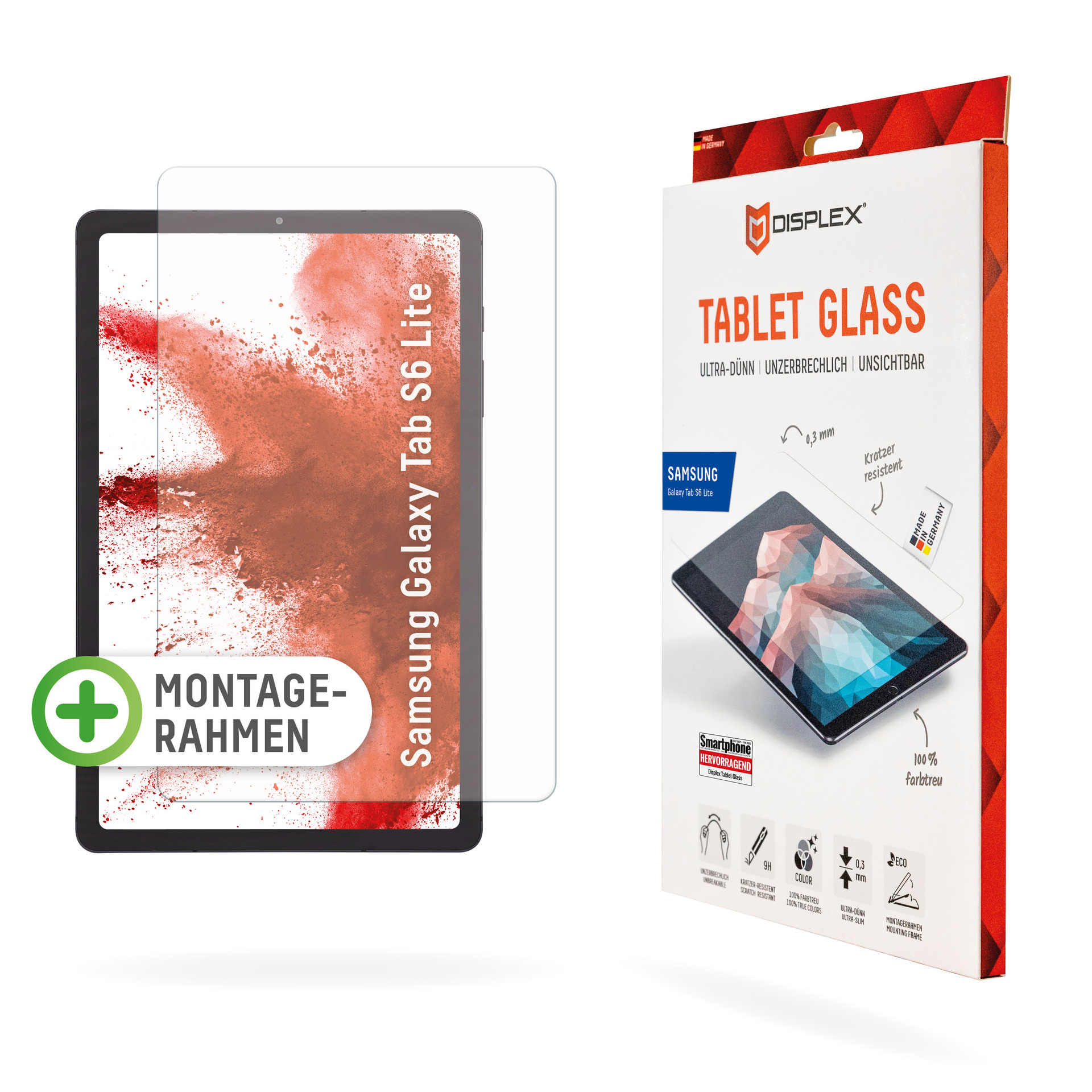 Pellicola protettiva per tablet e confezione. Entrambi mostrano un tablet.