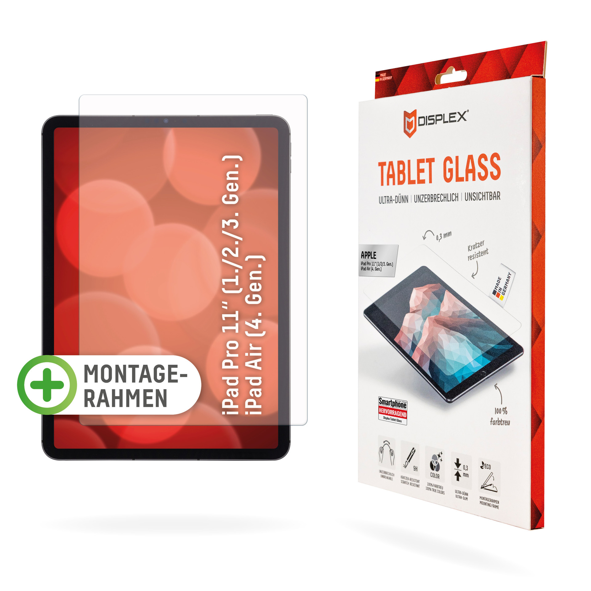 Un tablet con protezione schermo accanto alla sua confezione su sfondo bianco.
