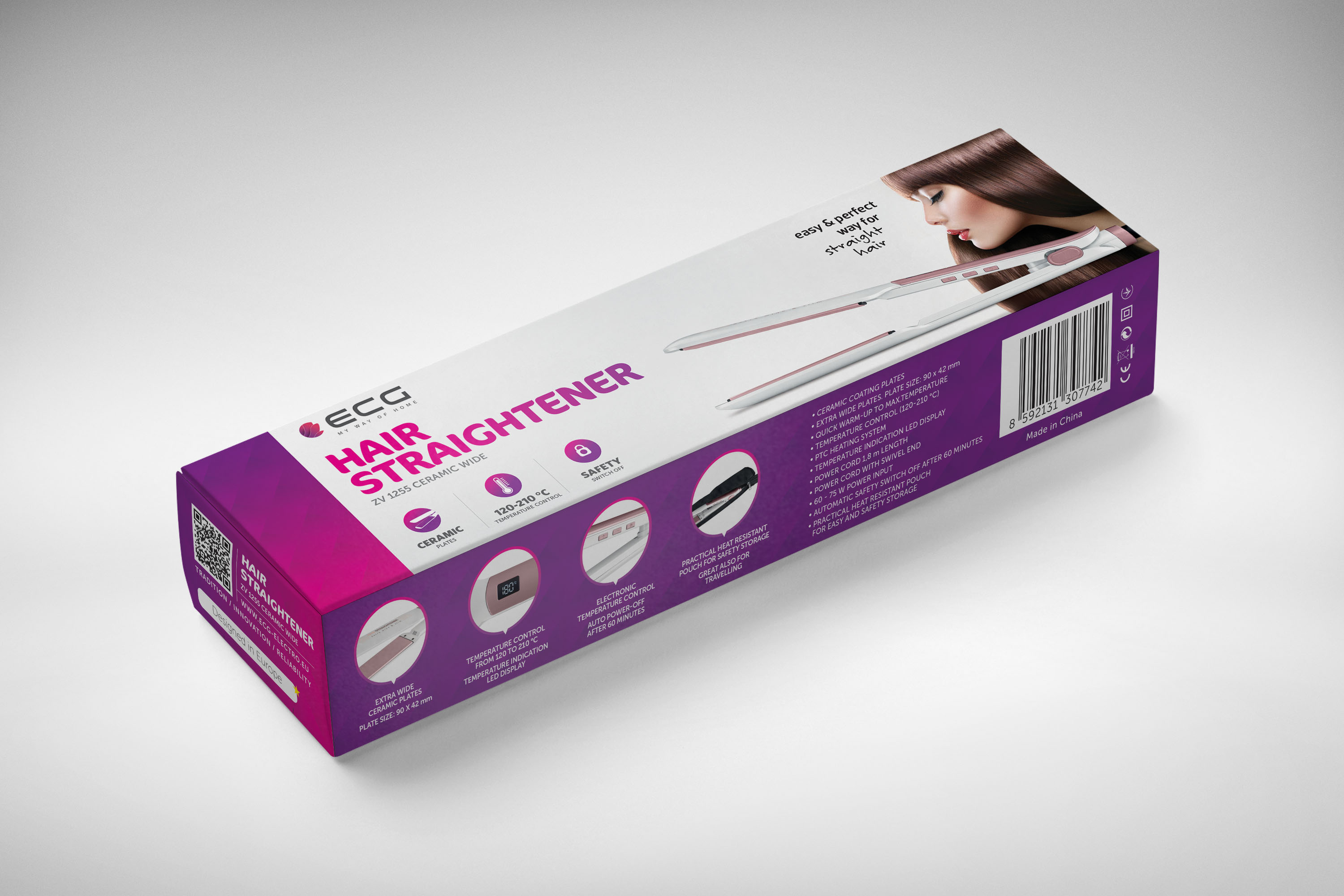 Haarglätter-Box. Rosa, weiß und schwarz. Text: Haarglätter. Bild einer Frau mit glattem Haar.