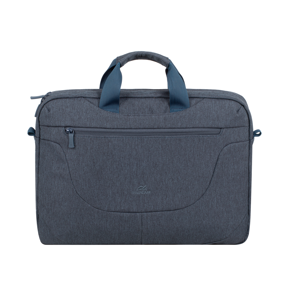 Valigetta grigia con manico blu e tasche con cerniera, isolata su sfondo bianco.