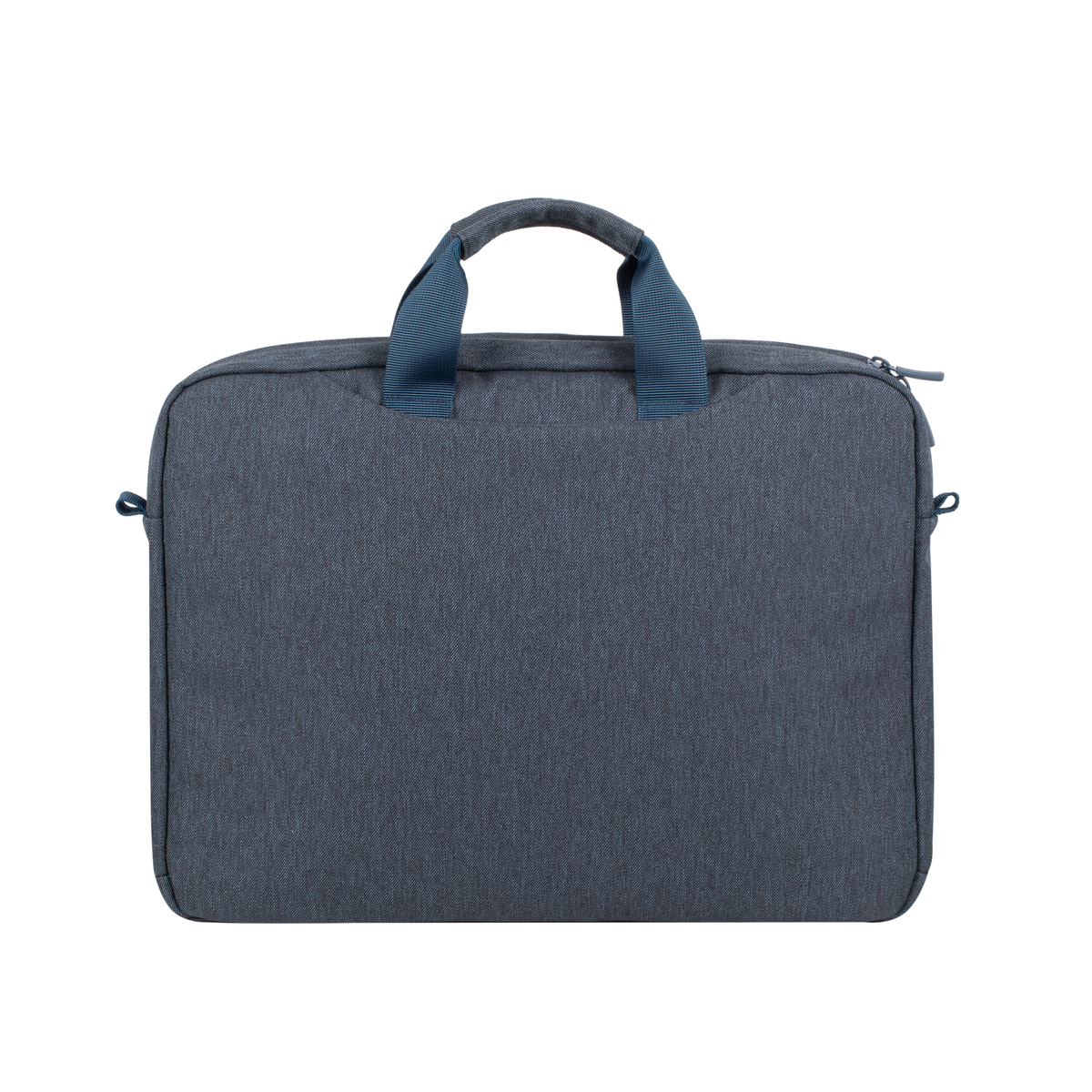 Borsa per laptop grigia con manici blu, forma rettangolare, zip visibile.