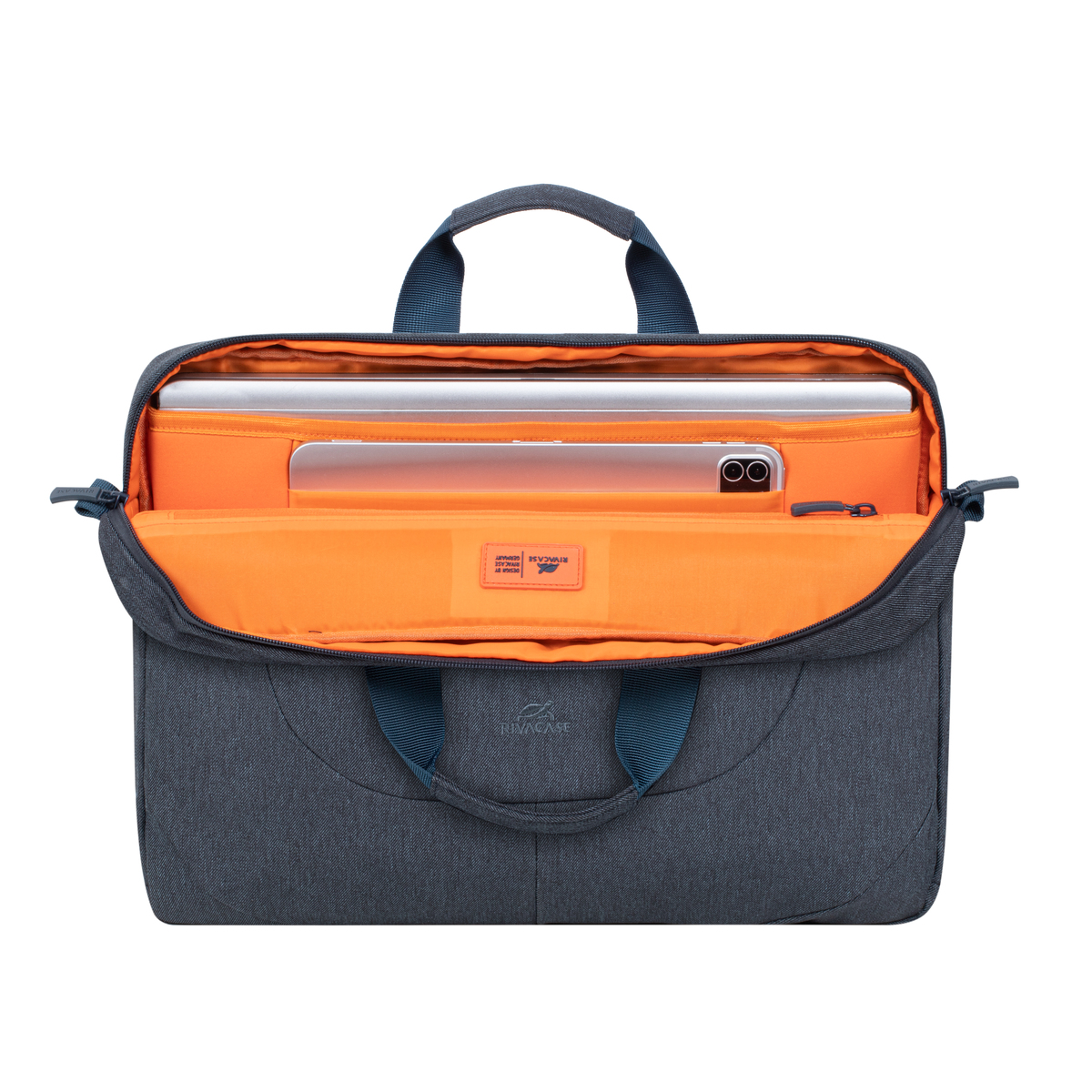 Borsa per laptop aperta, con un laptop e un tablet all'interno.