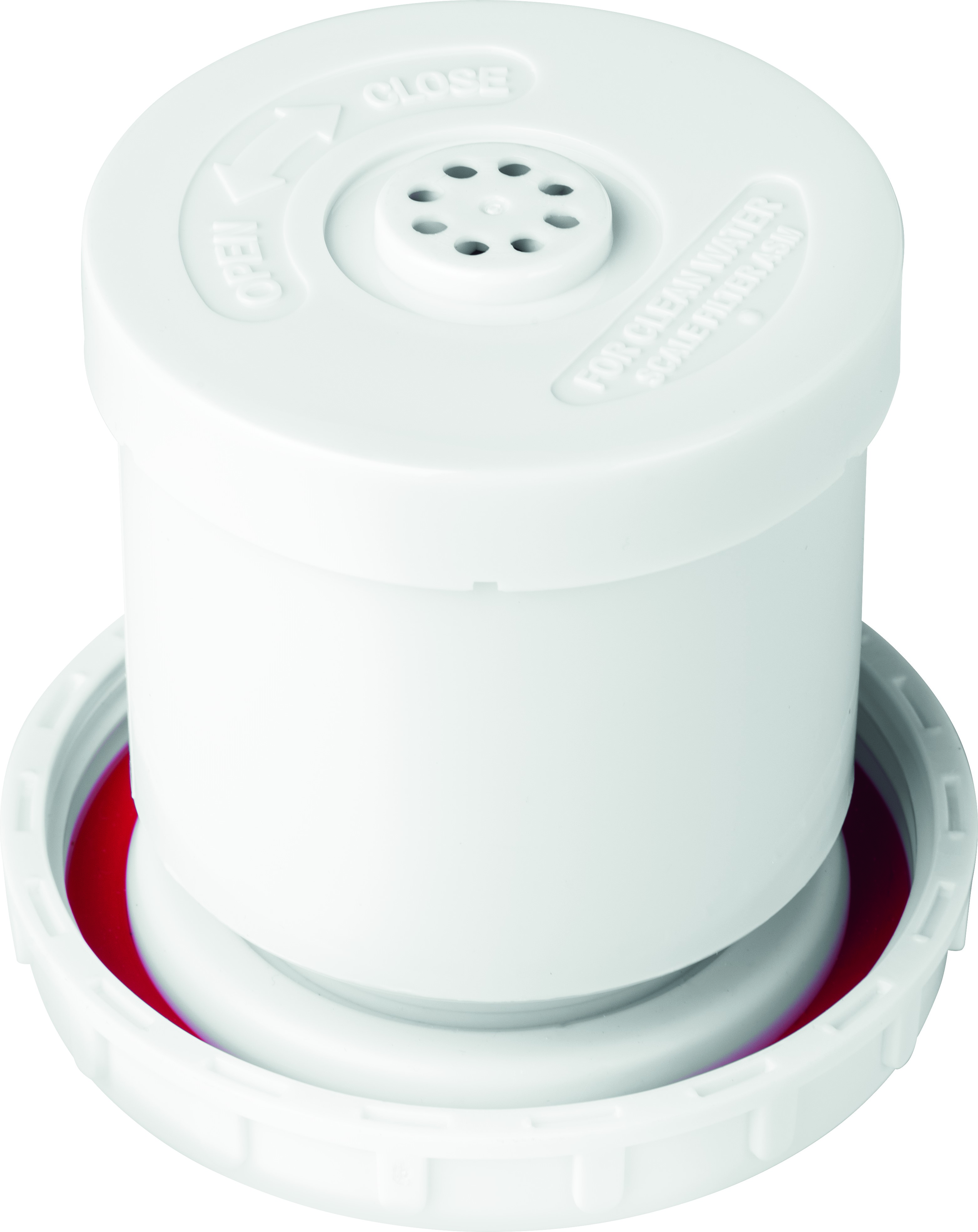 Biały pojemnik z pokrywką. Pokrywka ma strzałki otwierania/zamykania i małe otwory. Widoczna czerwona podstawa.