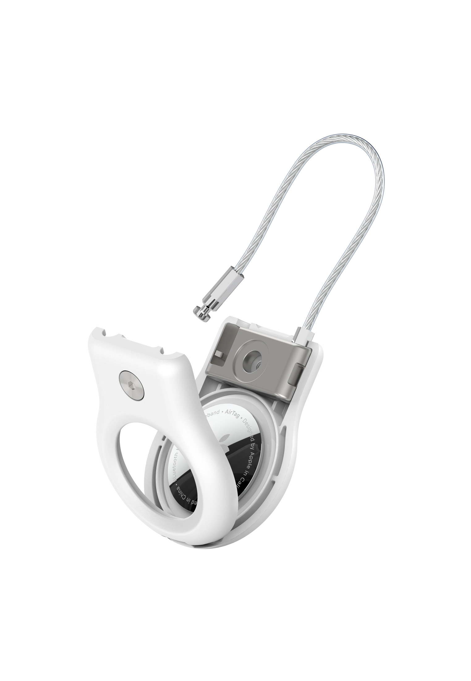 Weißer Halter mit Kabel und Apple AirTag darin.