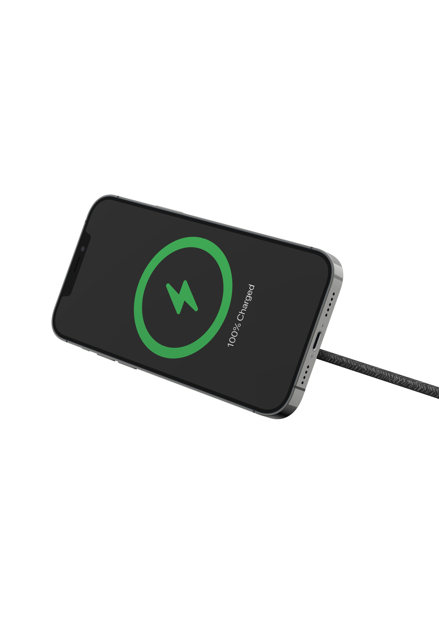 Schwarzes Telefon auf Ladestation mit grünem Ladesymbol.