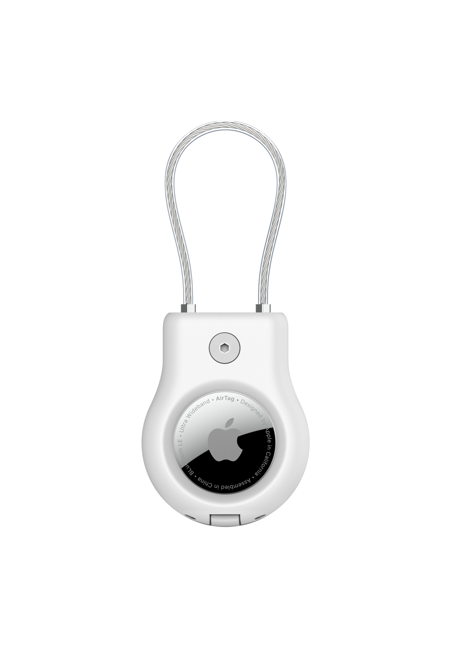 Weißer Apple AirTag mit silberner Schlaufe, schwarzem Logo und weißem Hintergrund.