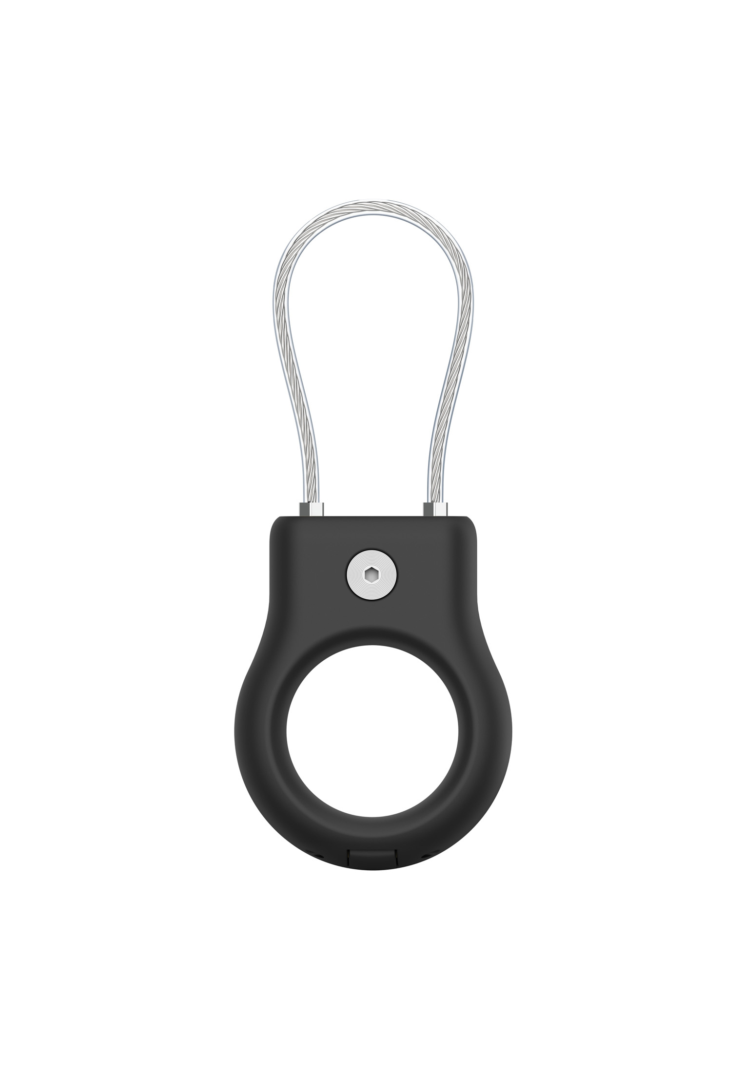 Schwarzer Ring mit Stahldrahtschlaufe. Weißer Hintergrund.