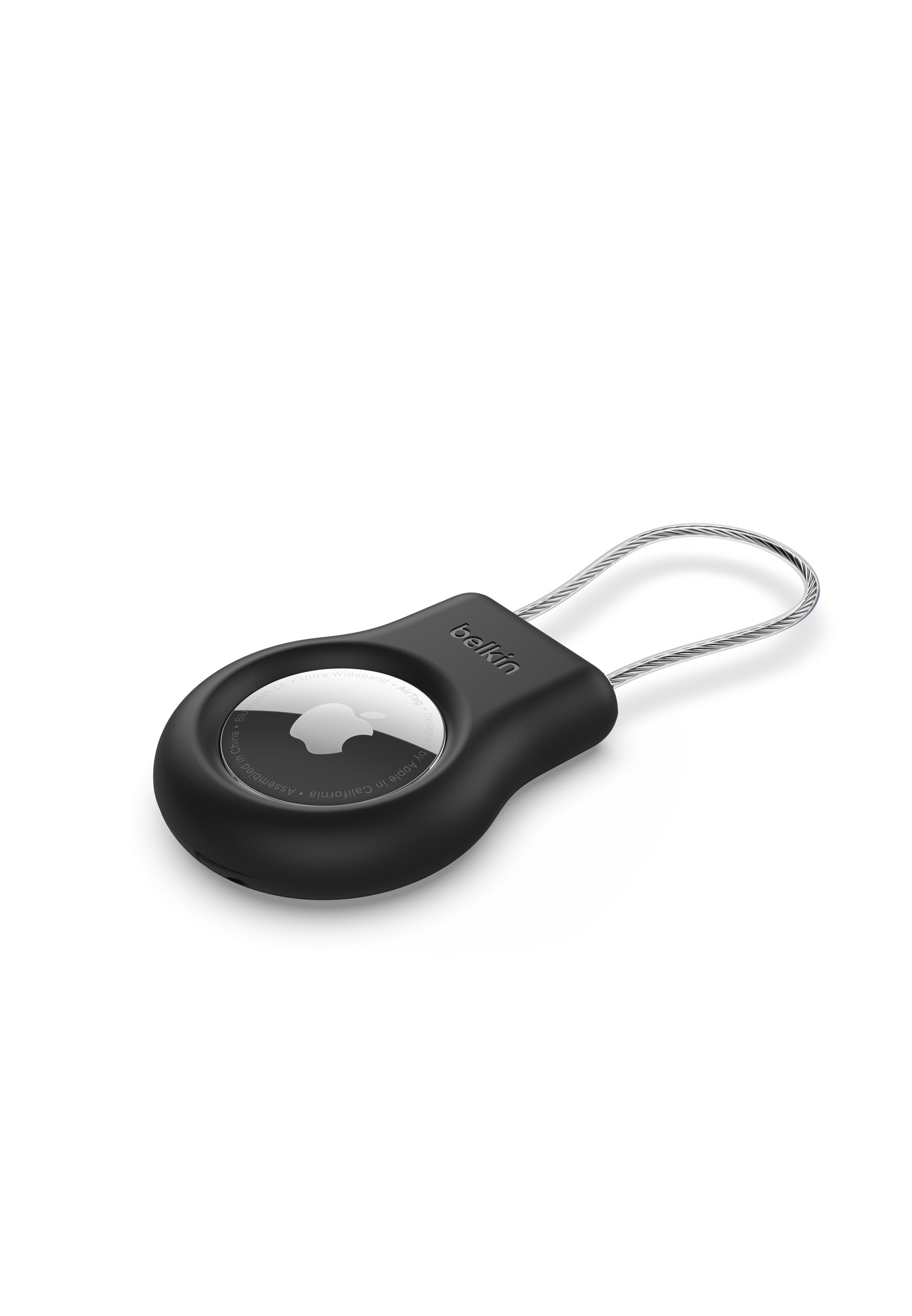 Ein schwarzes Belkin AirTag mit silberner Schlaufe, auf weißem Hintergrund. Das Apple-Logo ist sichtbar.